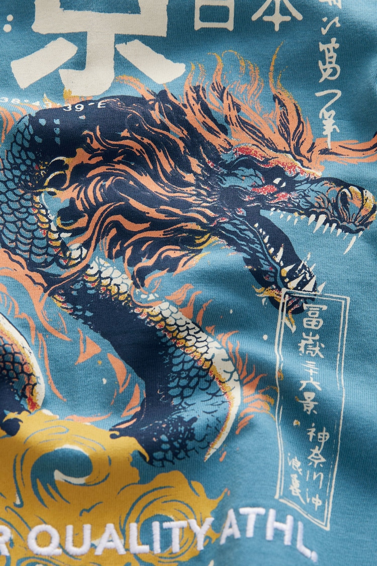 Teal Blue Dragon Back Print Relaxed Fit Short Sleeve 100% Cotton Graphic T-Shirt (3-16yrs) - Image 4 of 4