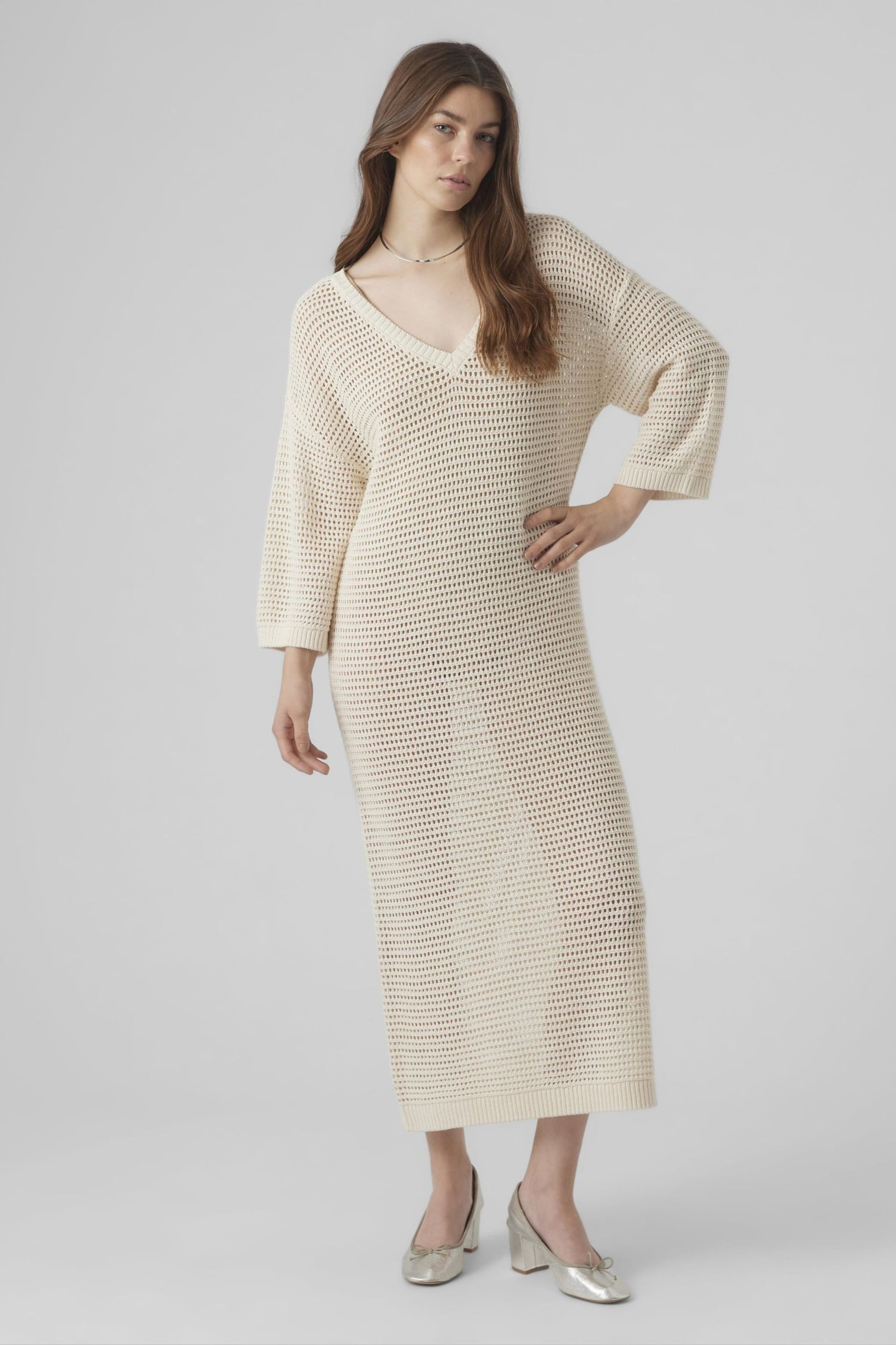 VERO MODA Cream Long Sleeve Crochet Beach Dress - Image 1 of 1