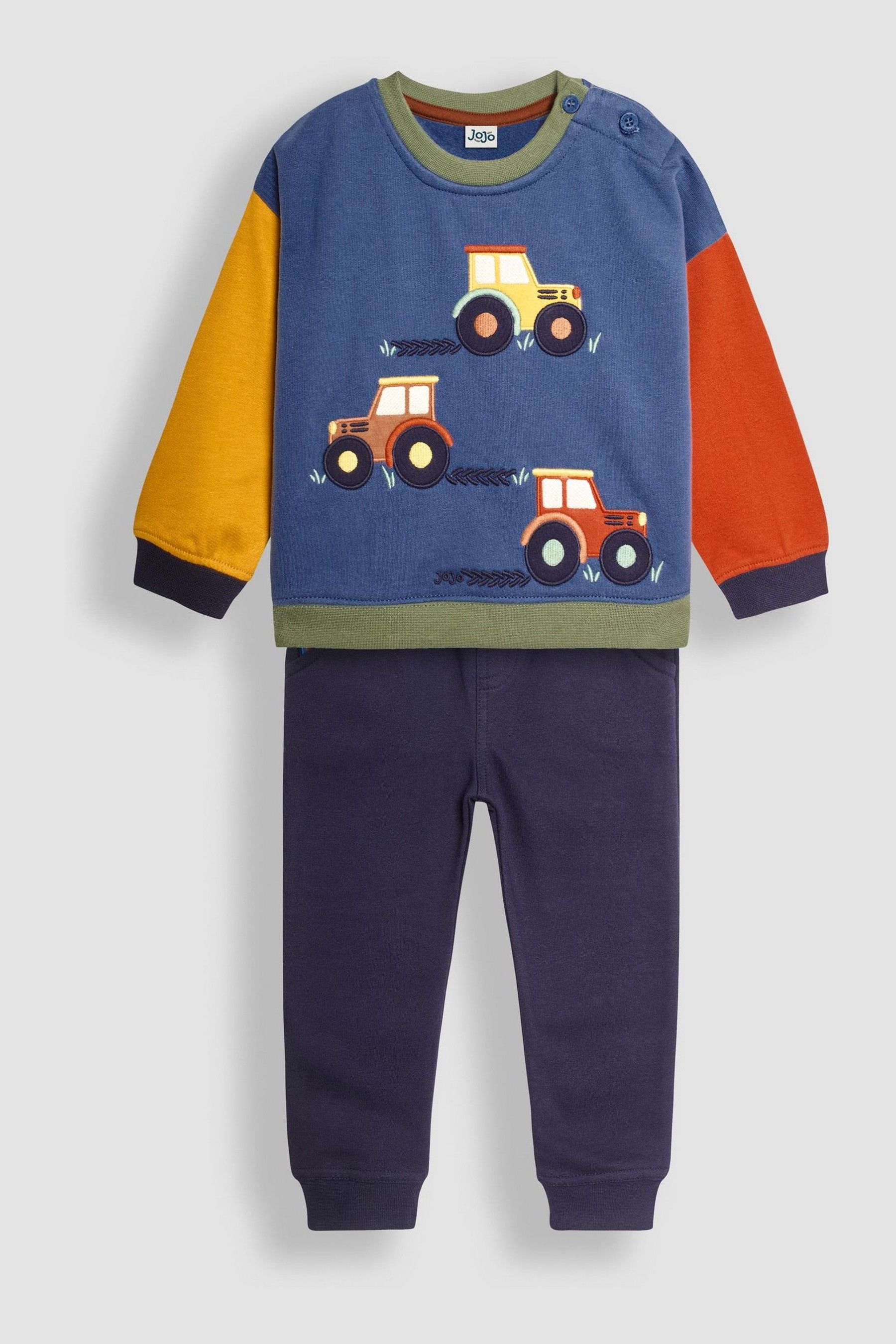 JoJo Maman Bebe Denim Blue Tractor Colour Block Applique Sweatshirt Jogger Set