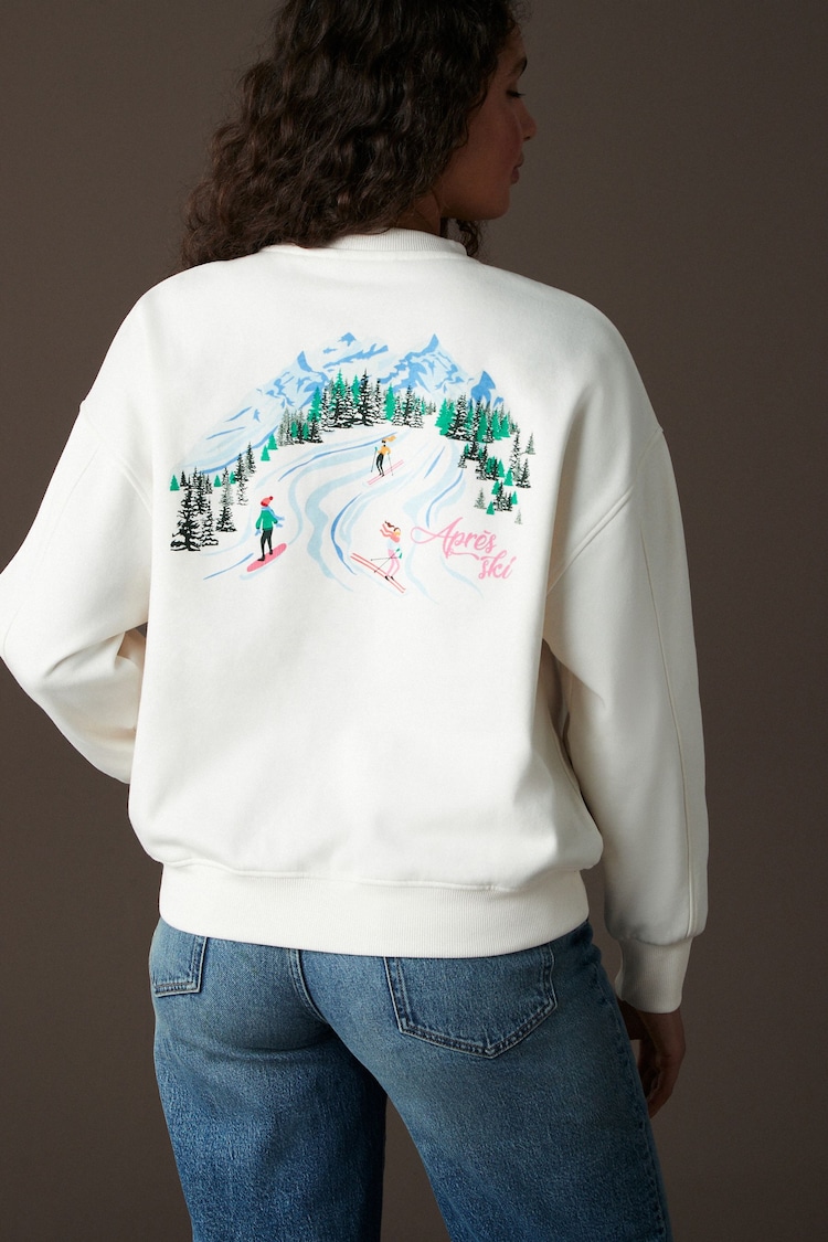 Ecru White Christmas Vintage Look Ski Slope Crew Neck Sweatshirt - Image 1 of 7