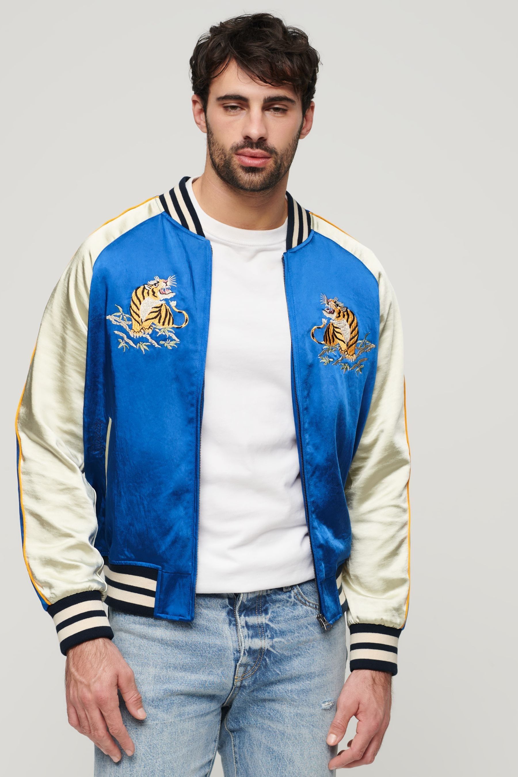 Superdry Blue Sukajan Embroidered Bomber Jacket Medium Mens