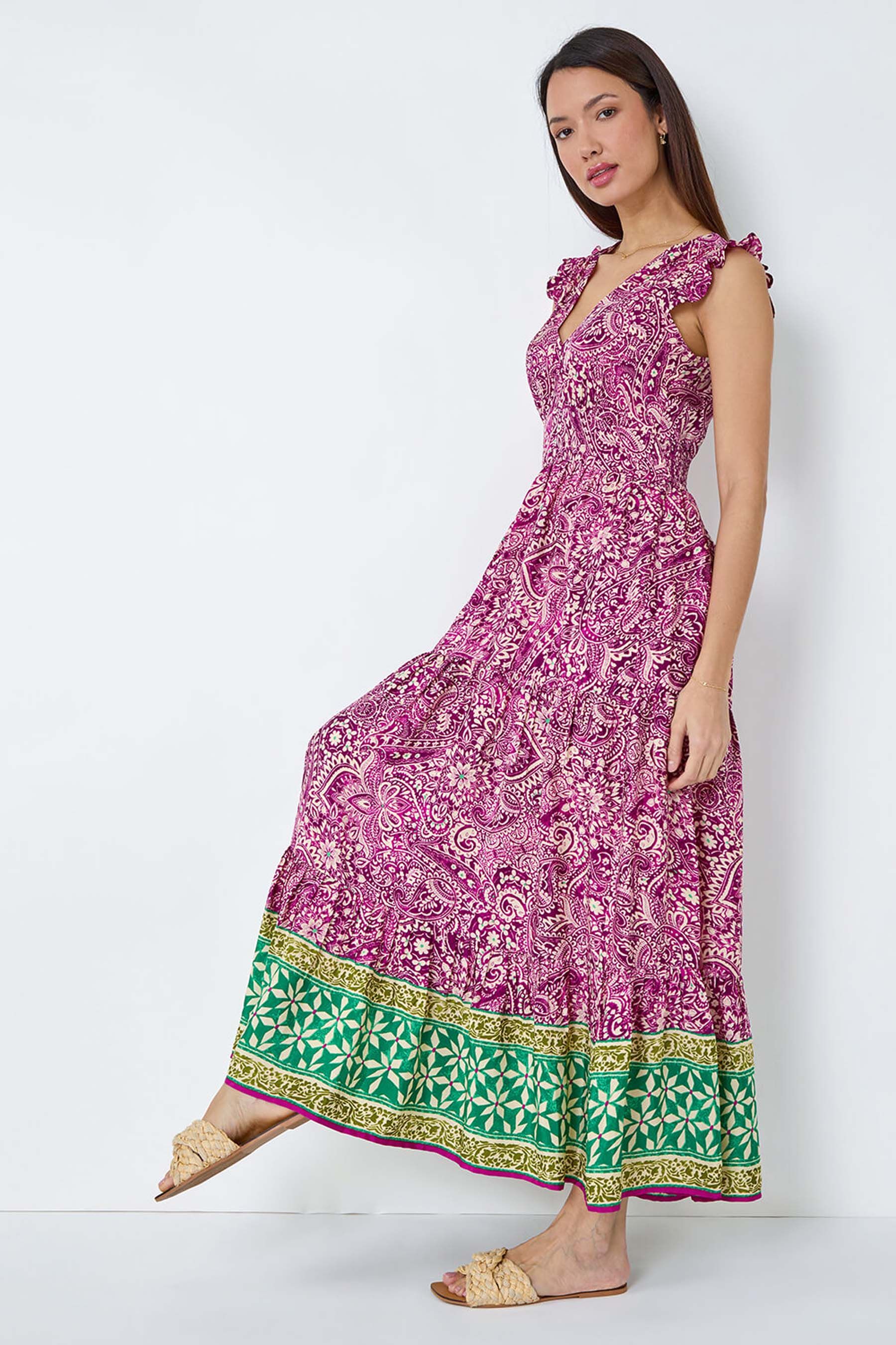 Buy Roman Purple Paisley Frilled Border Print Maxi Dress from the Next UK online shop