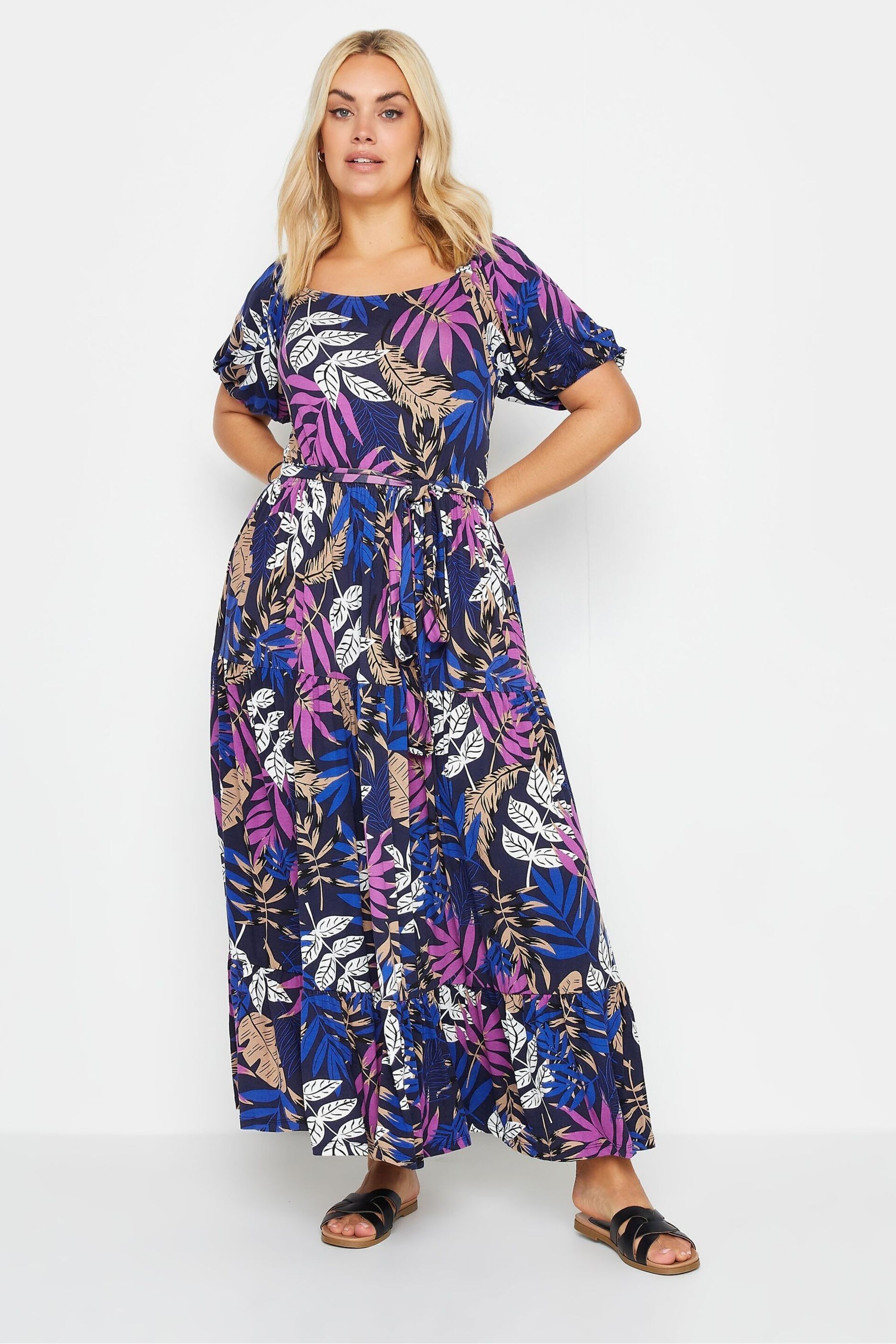 Yours Curve Blue Leaf Print Tiered Maxi Dress - Image 1 of 4