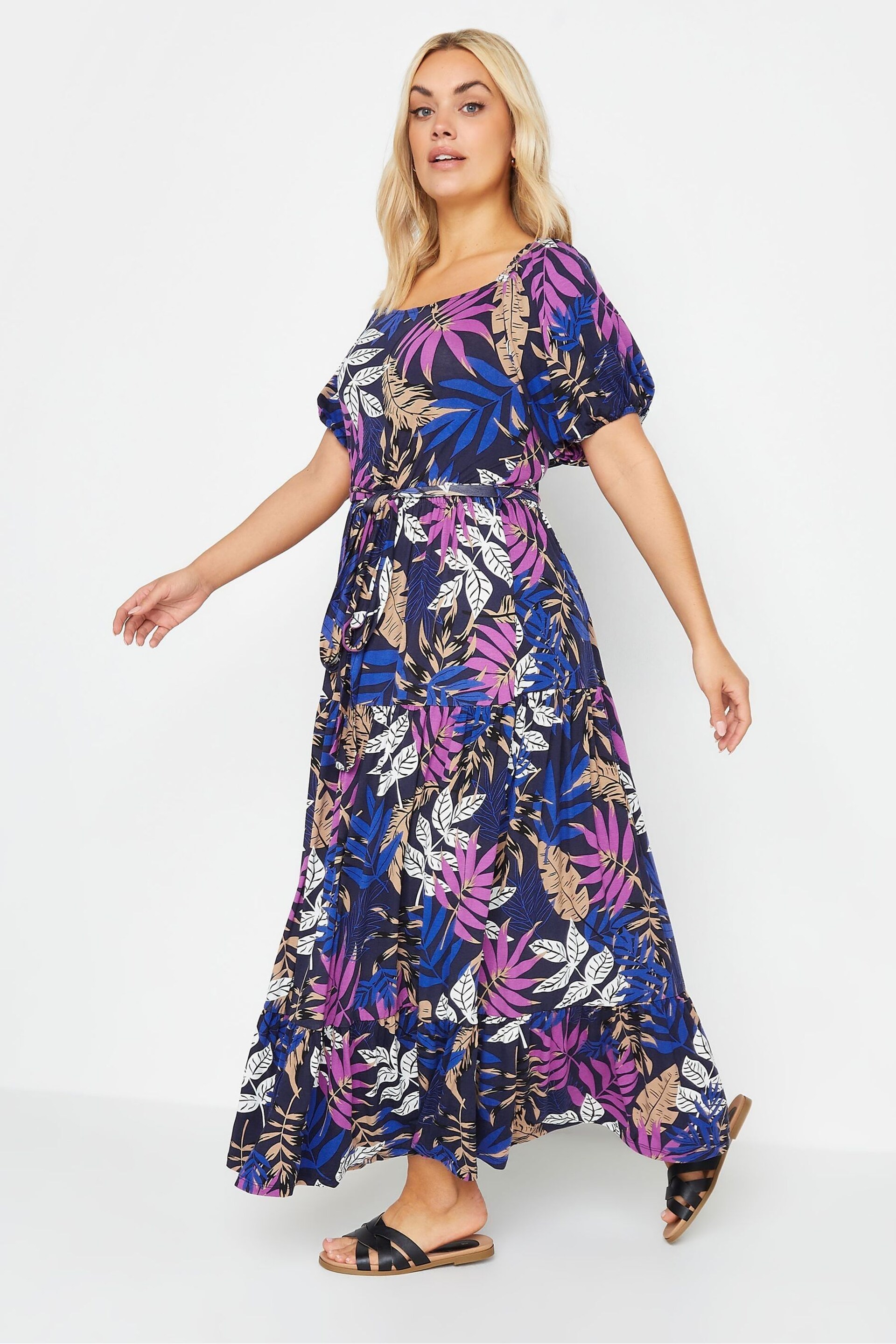 Yours Curve Blue Leaf Print Tiered Maxi Dress - Image 2 of 4