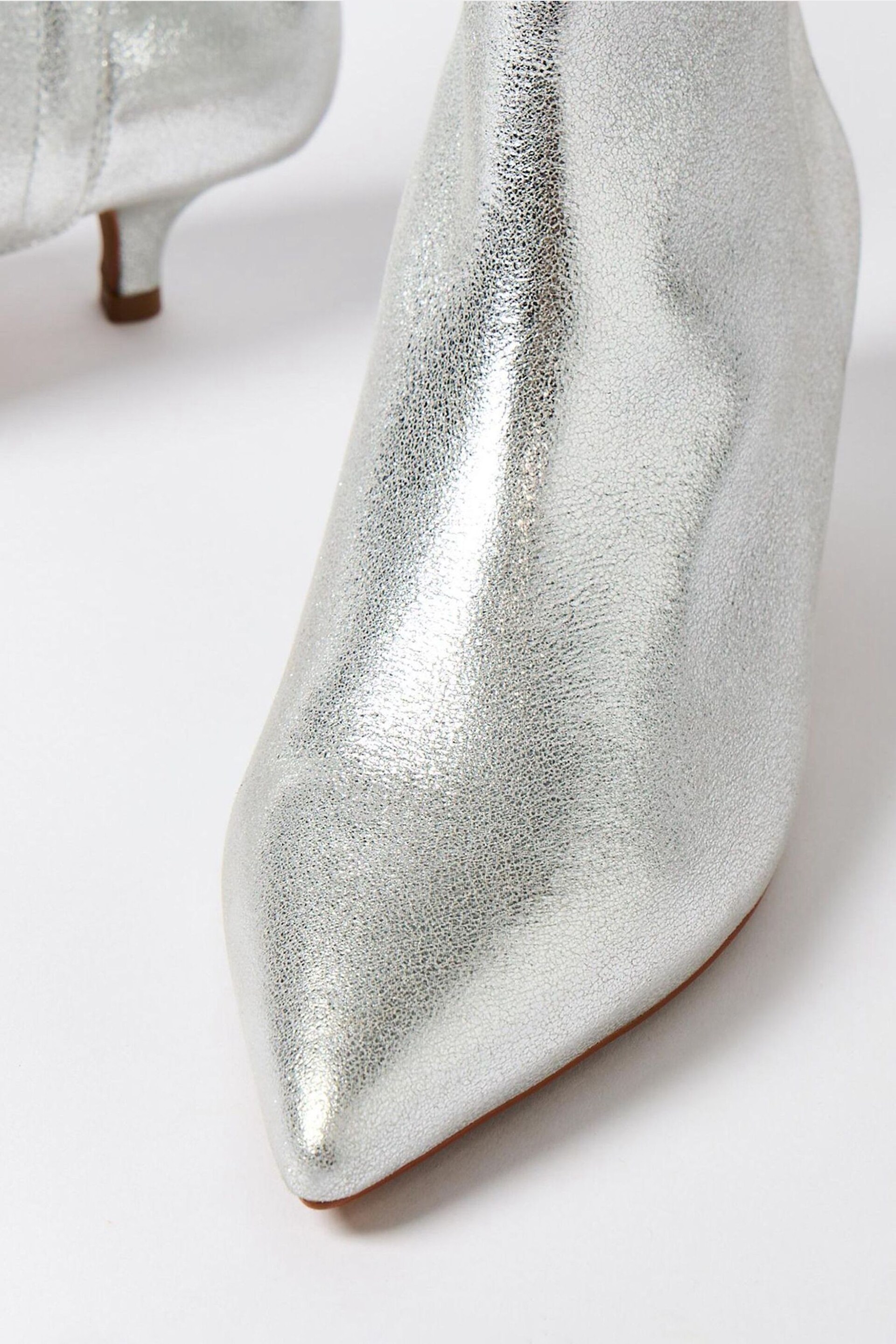 Oliver Bonas Silver Pointed Kitten Heel Leather Boots - Image 3 of 7