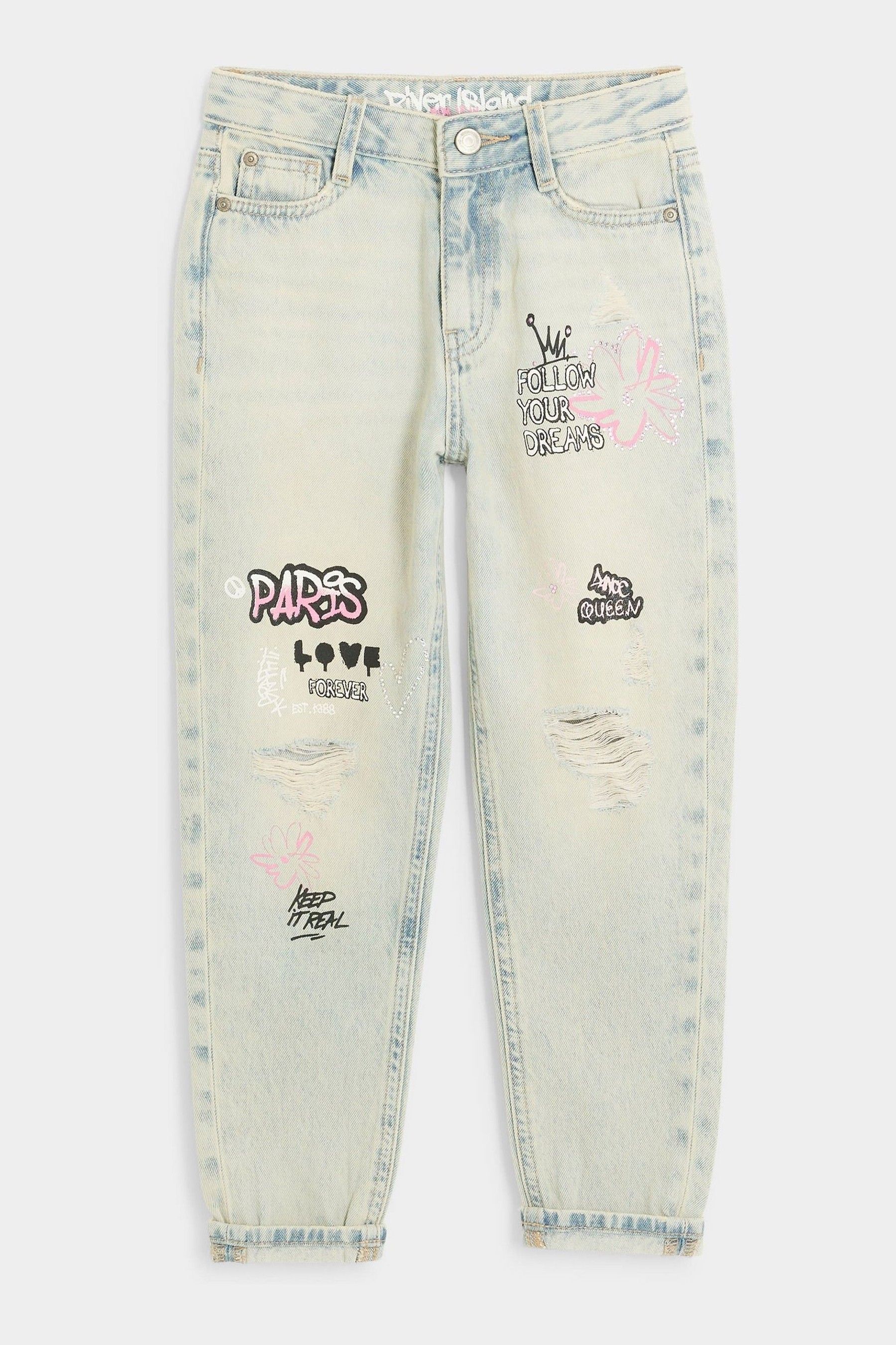 River Island Blue Mom Girls Paris Graffiti 100 Cotton Jeans