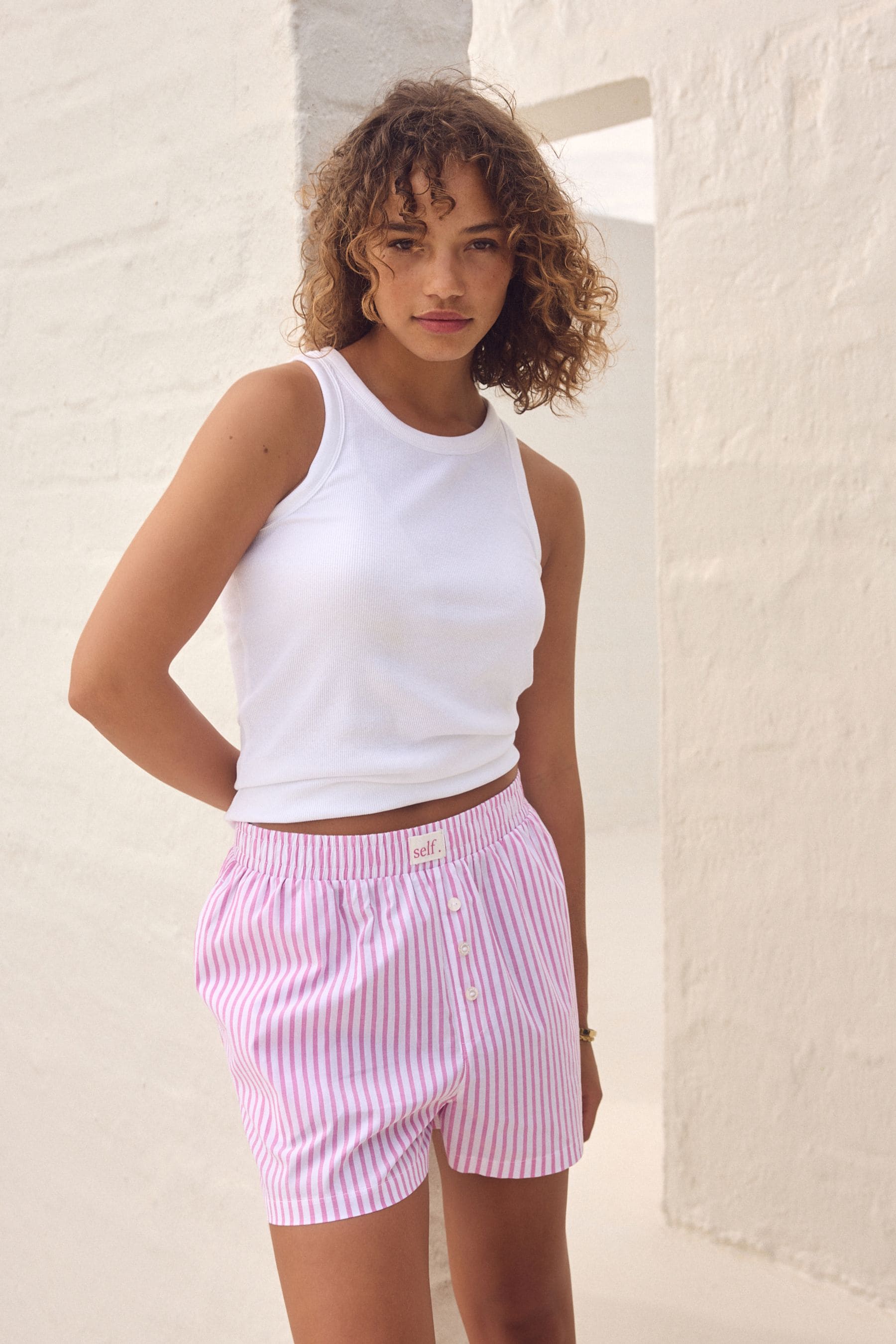 self. Pink Stripe Rib Vest 100 Cotton Shorts Set