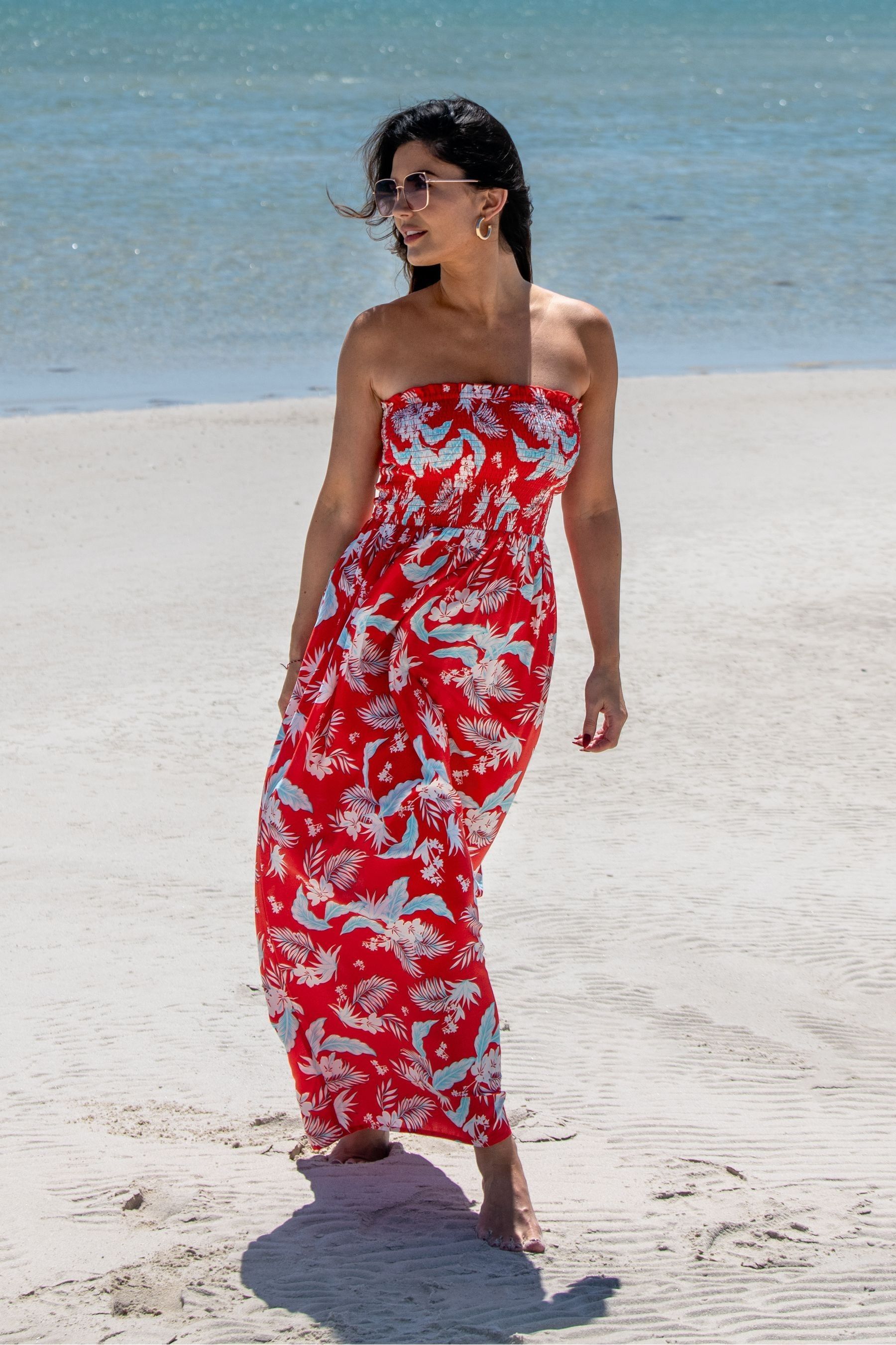 Buy Pour Moi Red Leaf Strapless Shirred Bodice Maxi Beach Dress from Next Australia