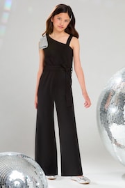 Lipsy Black One Shoulder Bow Party Jumpsuit (5-16yrs) - Image 1 of 4