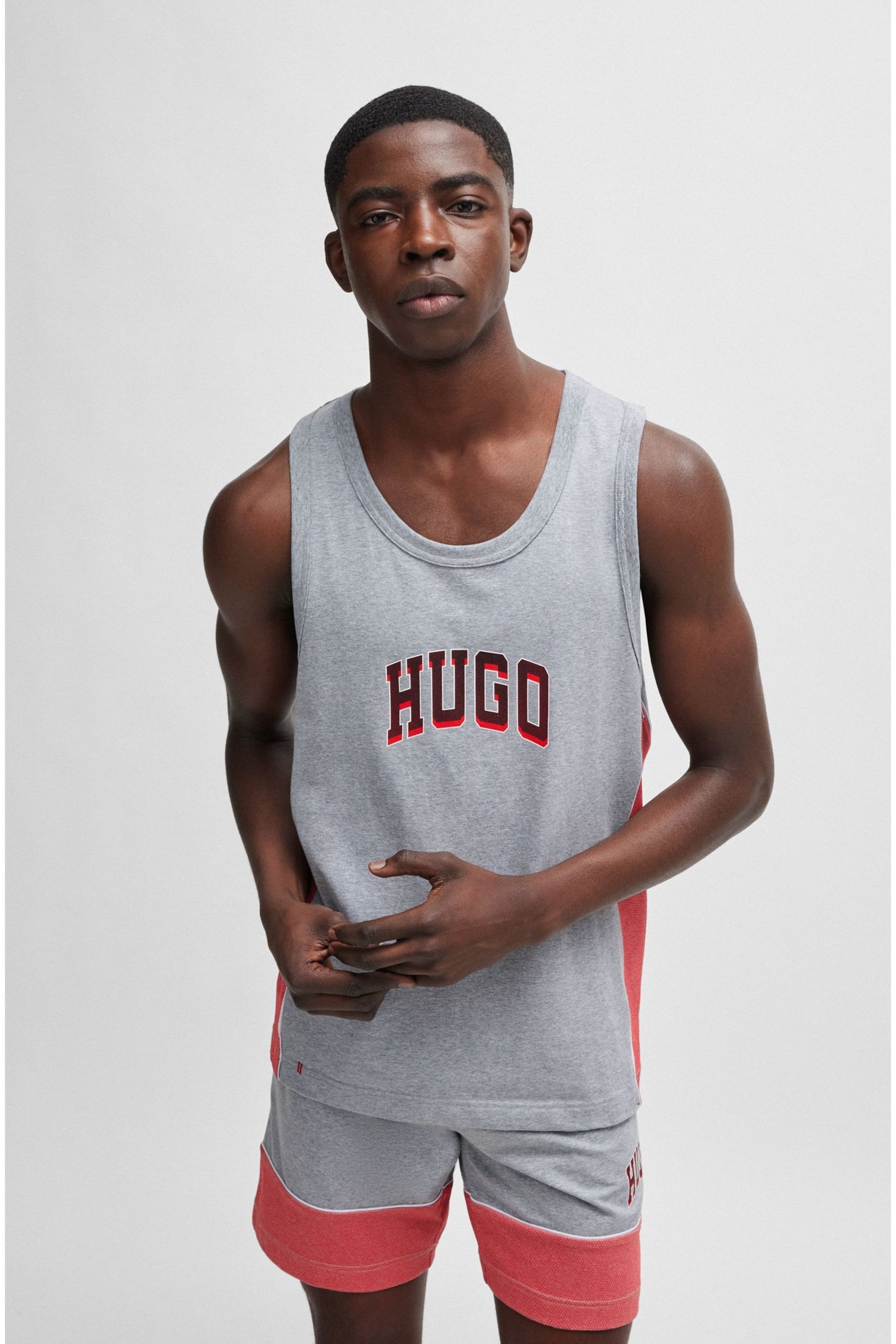 HUGO Stretch-Cotton Grey Pyjamas Vest With Mesh Panels - Image 1 of 5