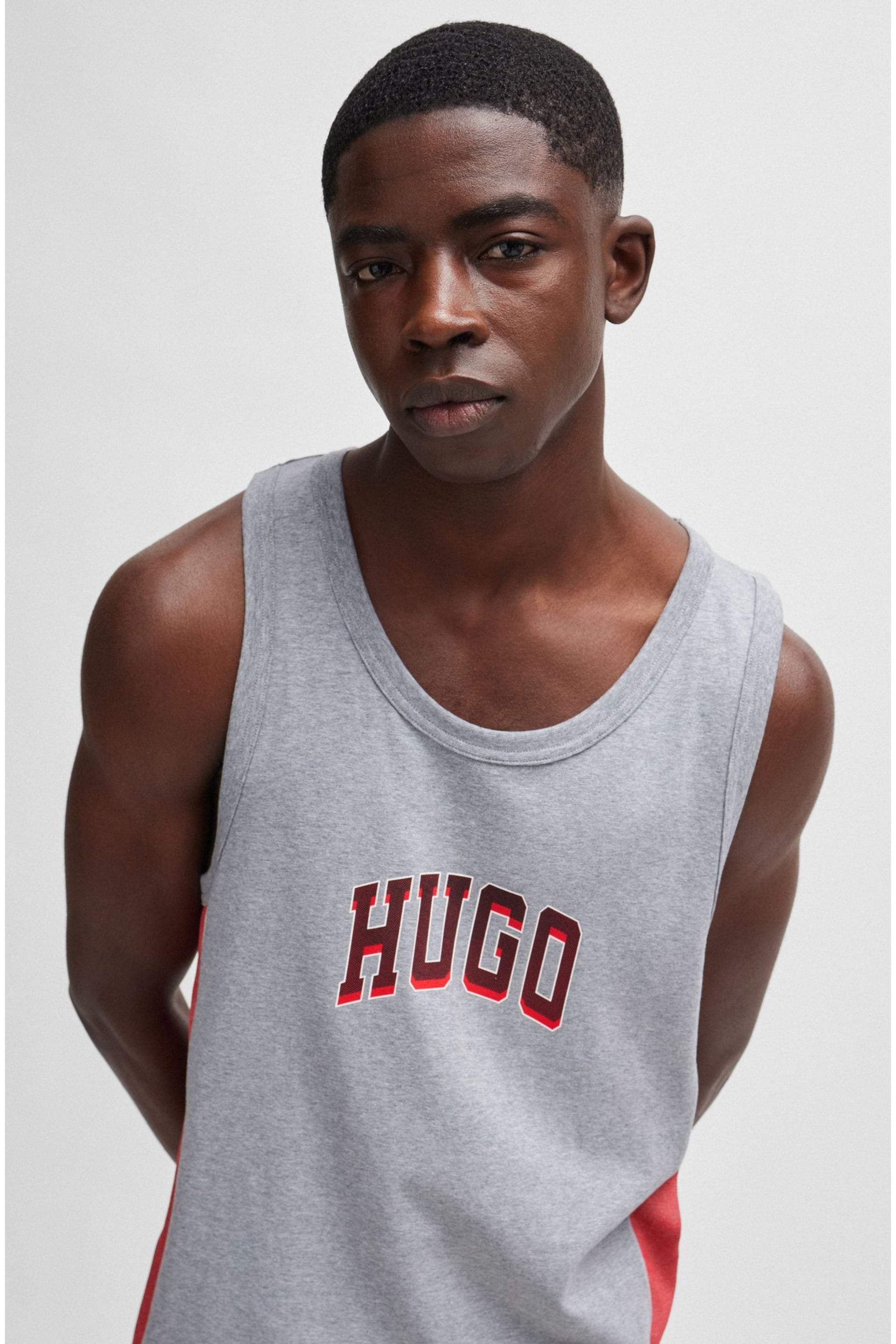 HUGO Stretch-Cotton Grey Pyjamas Vest With Mesh Panels - Image 4 of 5