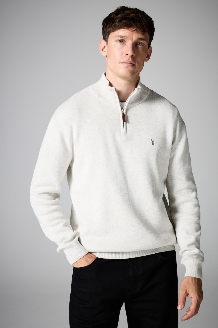 Oatmeal Stag Plain Regular Fit 100% Cotton Premium Zip Neck Jumper - Image 1 of 5