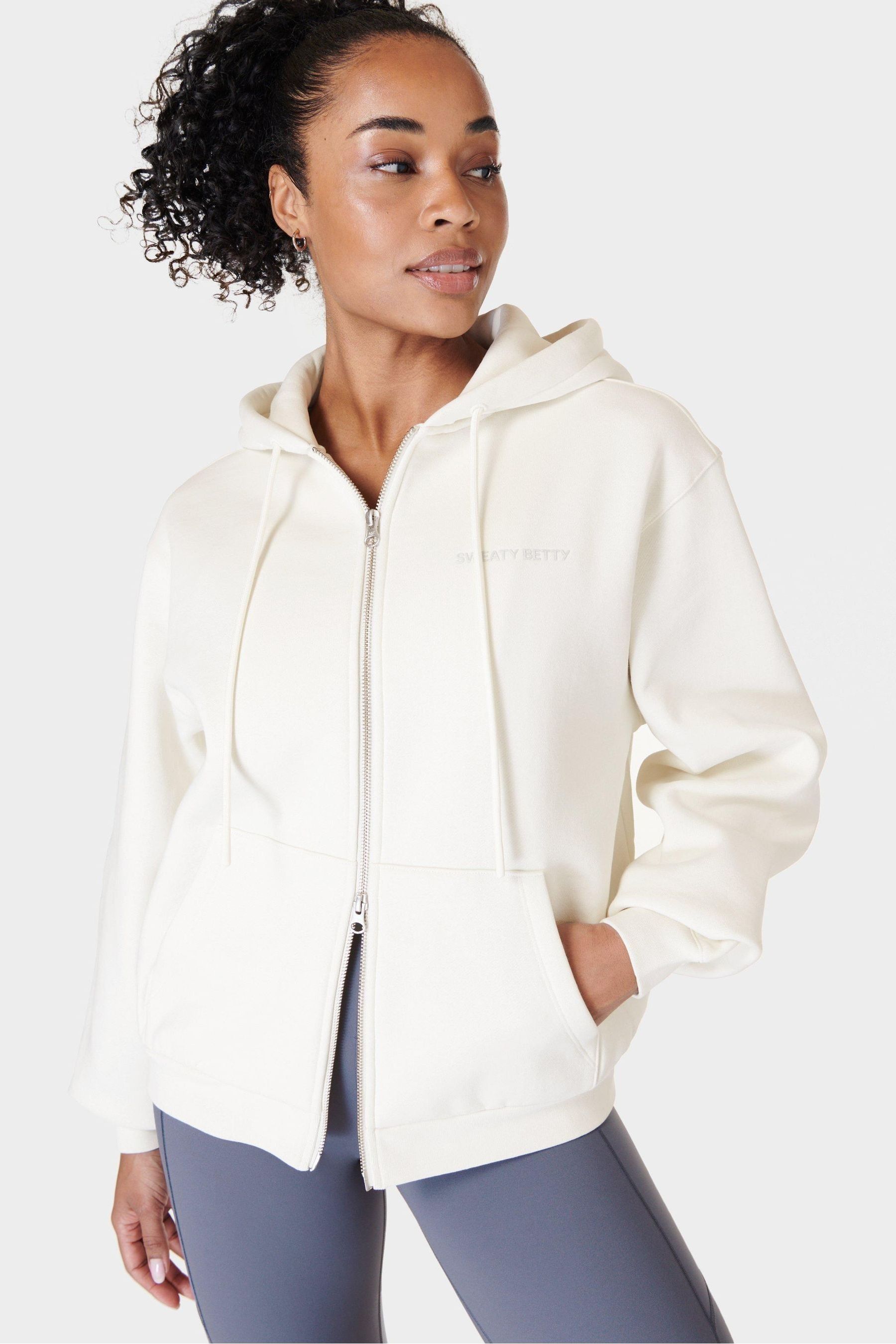 Women's white hooded zip up sweatshirt top