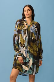 Black Green Leaf Print Long Sleeve Tie Neck Mini Dress - Image 1 of 9