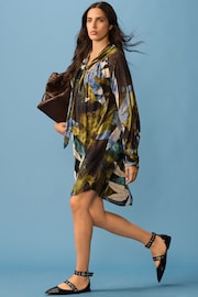 Black Green Leaf Print Long Sleeve Tie Neck Mini Dress - Image 2 of 9