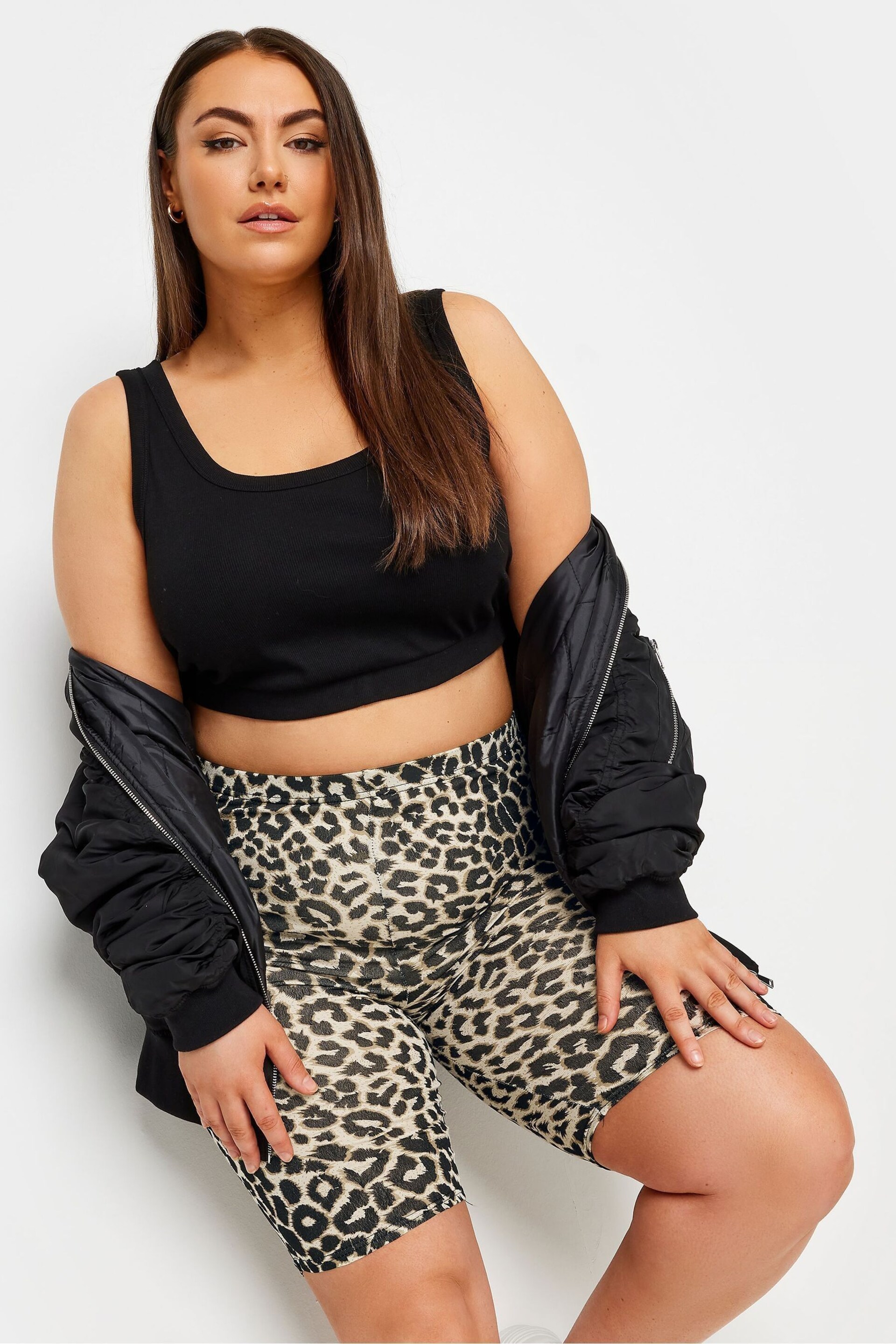 Yours Curve Black Limited Leopard Print Cycle Shorts - Image 1 of 5