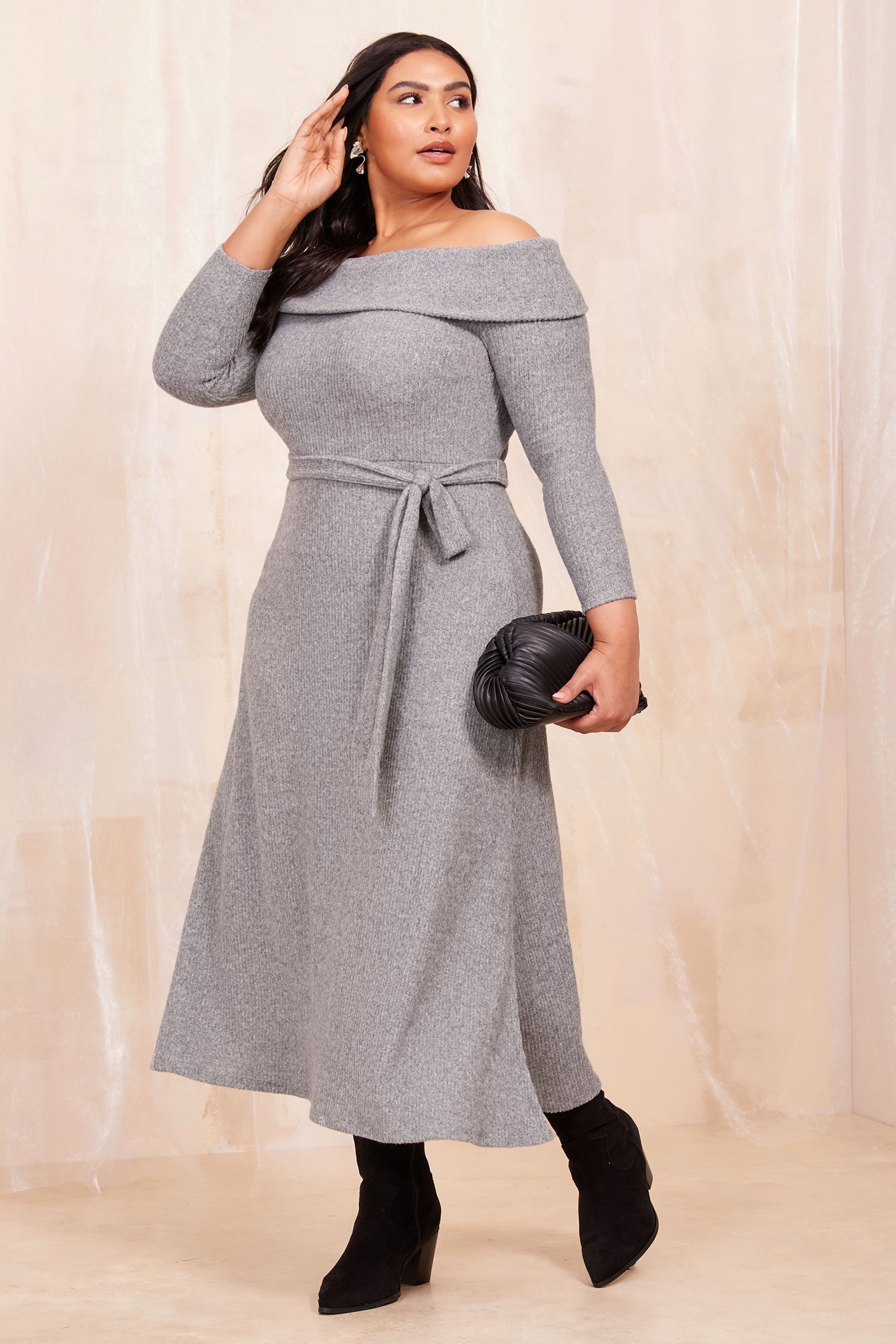 Buy Curves Like These Grey Knitted Bardot Midi Dress from Next Luxembourg