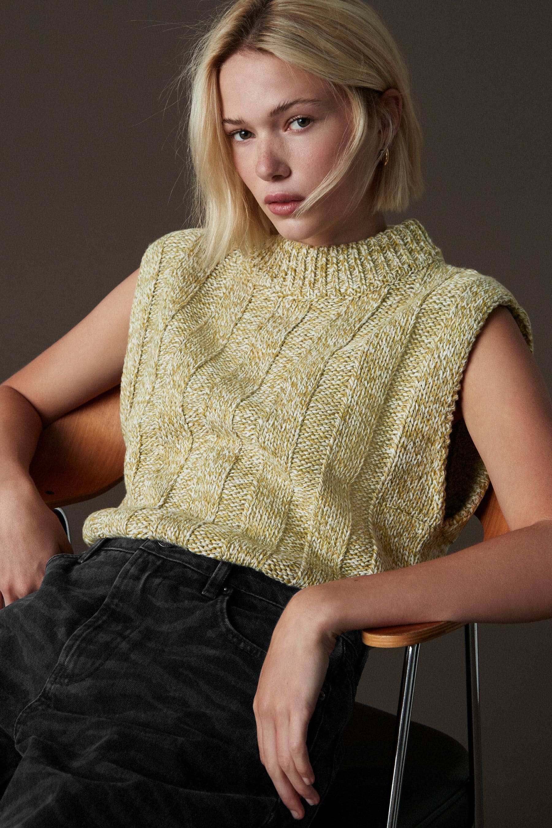 NEXT Green Nautral Twist High Neck Sleeveless Chunky Knitted Jumper Vest Top With Wool Womens
