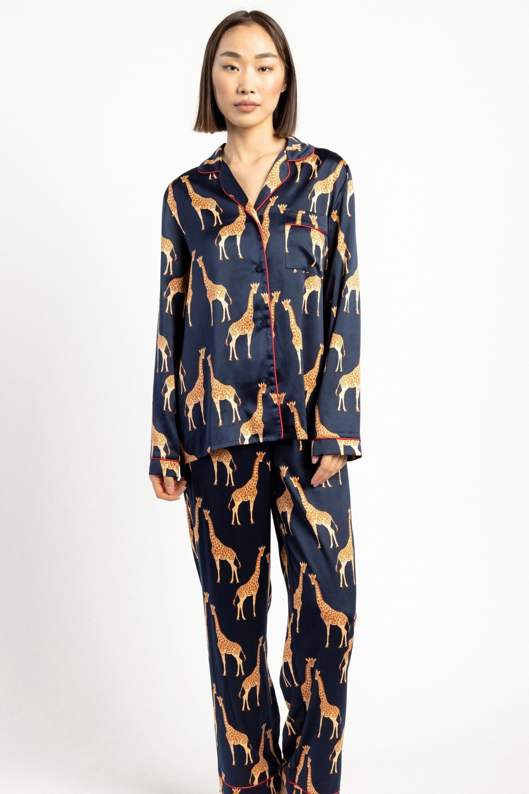 Chelsea Peers Blue Satin Giraffe Print Long Pyjama Set