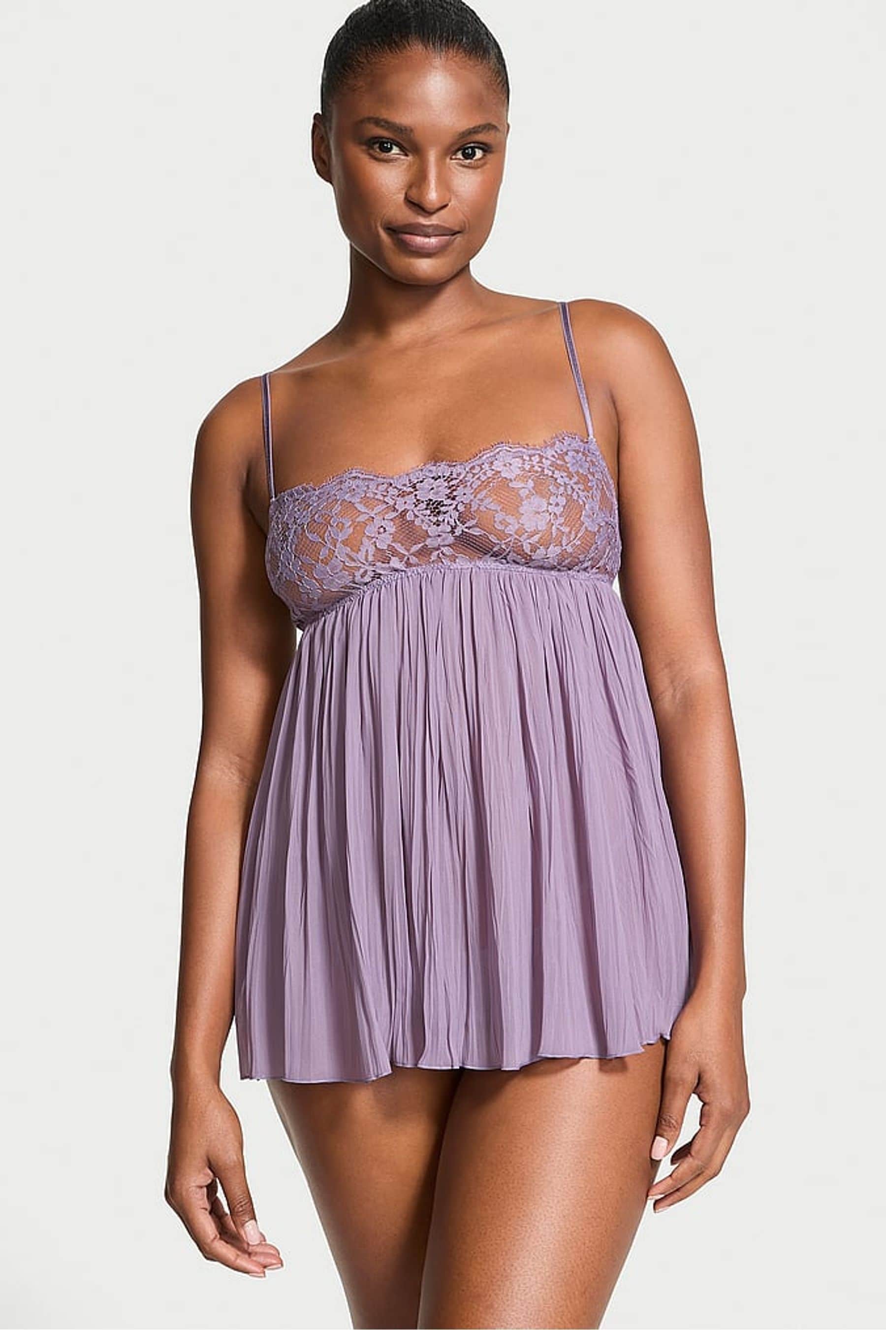 Buy Victoria s Secret Frozen Plum Purple Lace Top Pleated Babydoll Set from the Next UK online shop