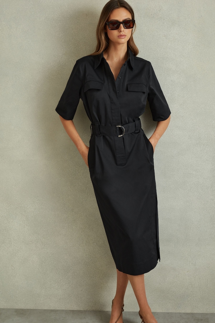 Reiss Black Aimie Cotton Blend Utility Belted Midi Dress - Image 1 of 5