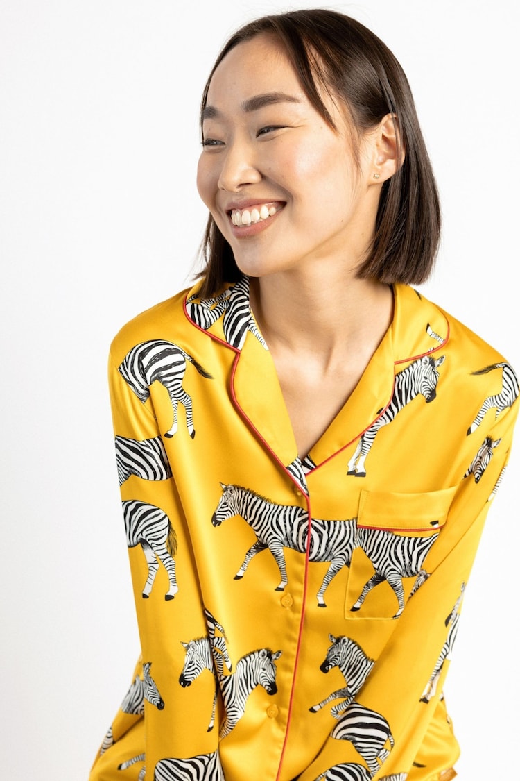 Chelsea Peers Yellow Satin Mustard Zebra Print Long Pyjama Set - Image 2 of 5