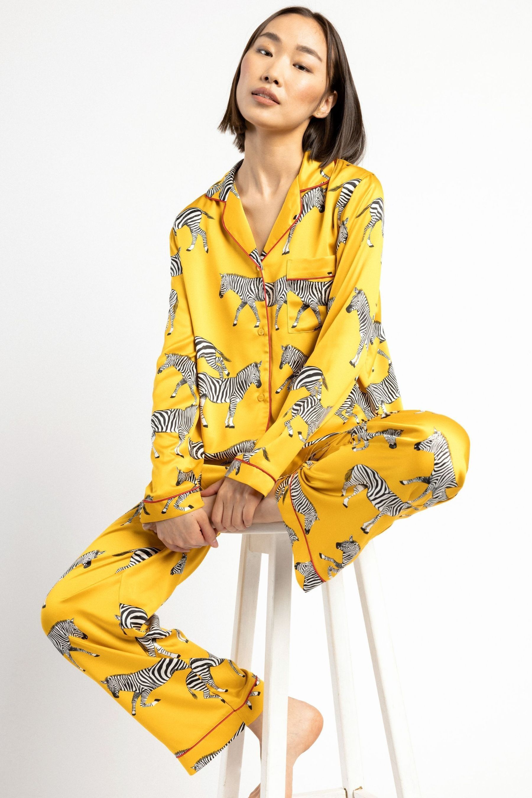 Buy Chelsea Peers Yellow Satin Mustard Zebra Print Long Pyjama Set from Next Canada