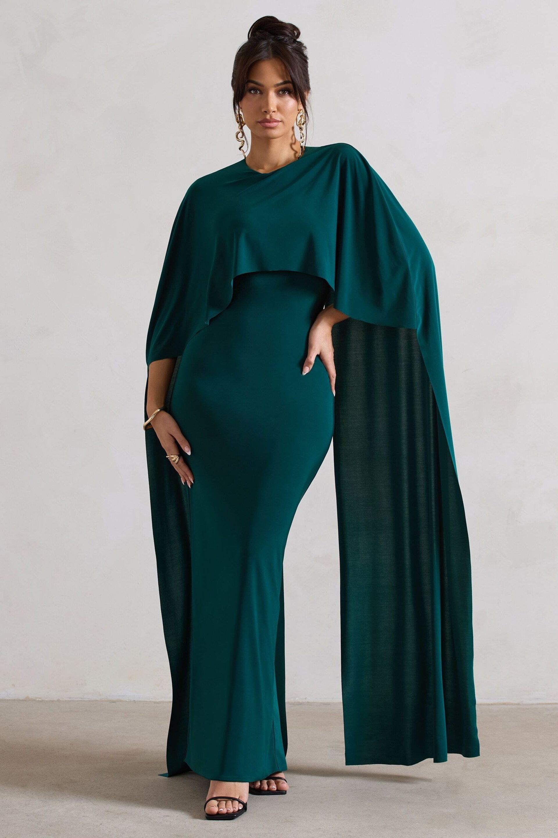 Club L London Forest Green Padma Draped Bardot Maxi Dress With Cape Sleeves - Image 1 of 5