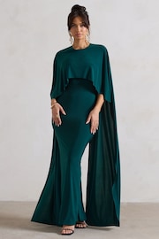 Club L London Forest Green Padma Draped Bardot Maxi Dress With Cape Sleeves - Image 2 of 5