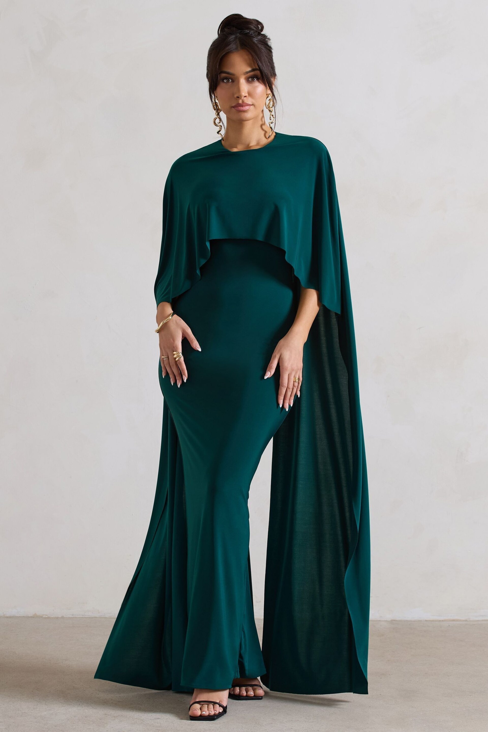 Club L London Green Padma Draped Bardot Maxi Dress With Cape Sleeves - Image 1 of 4