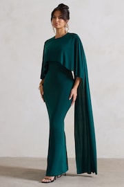 Club L London Forest Green Padma Draped Bardot Maxi Dress With Cape Sleeves - Image 3 of 5