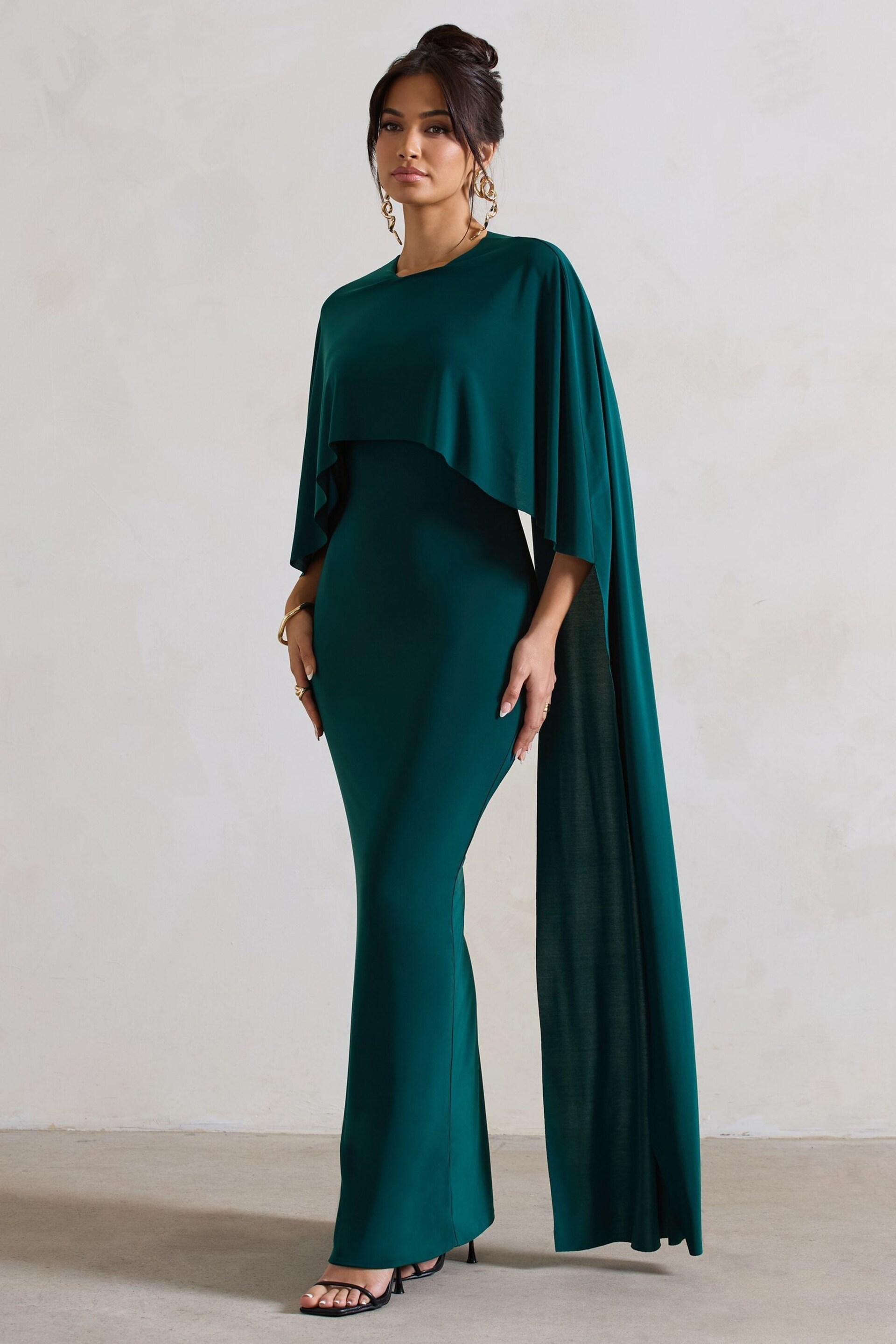 Club L London Green Padma Draped Bardot Maxi Dress With Cape Sleeves - Image 2 of 4