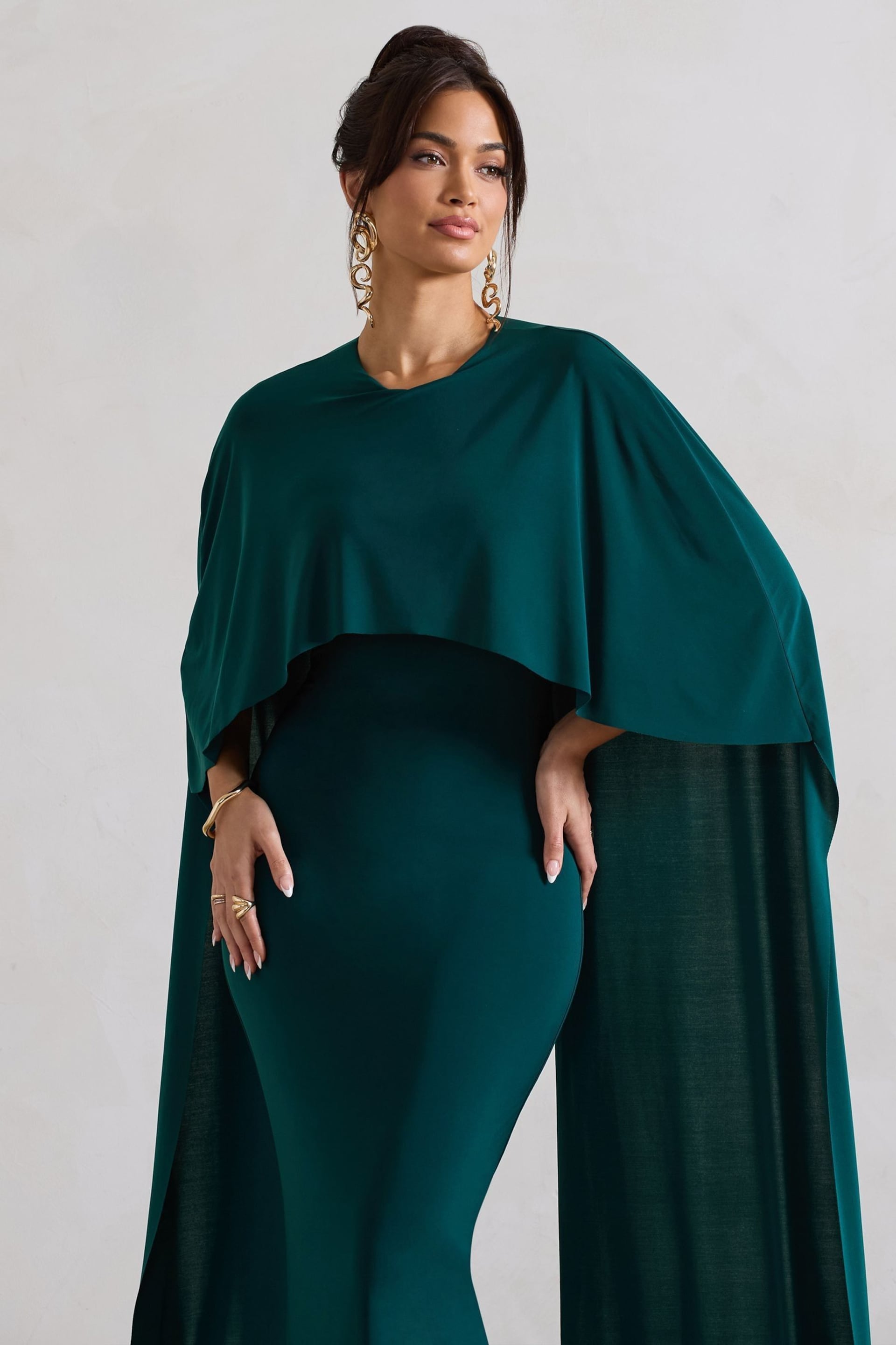 Club L London Forest Green Padma Draped Bardot Maxi Dress With Cape Sleeves - Image 4 of 5