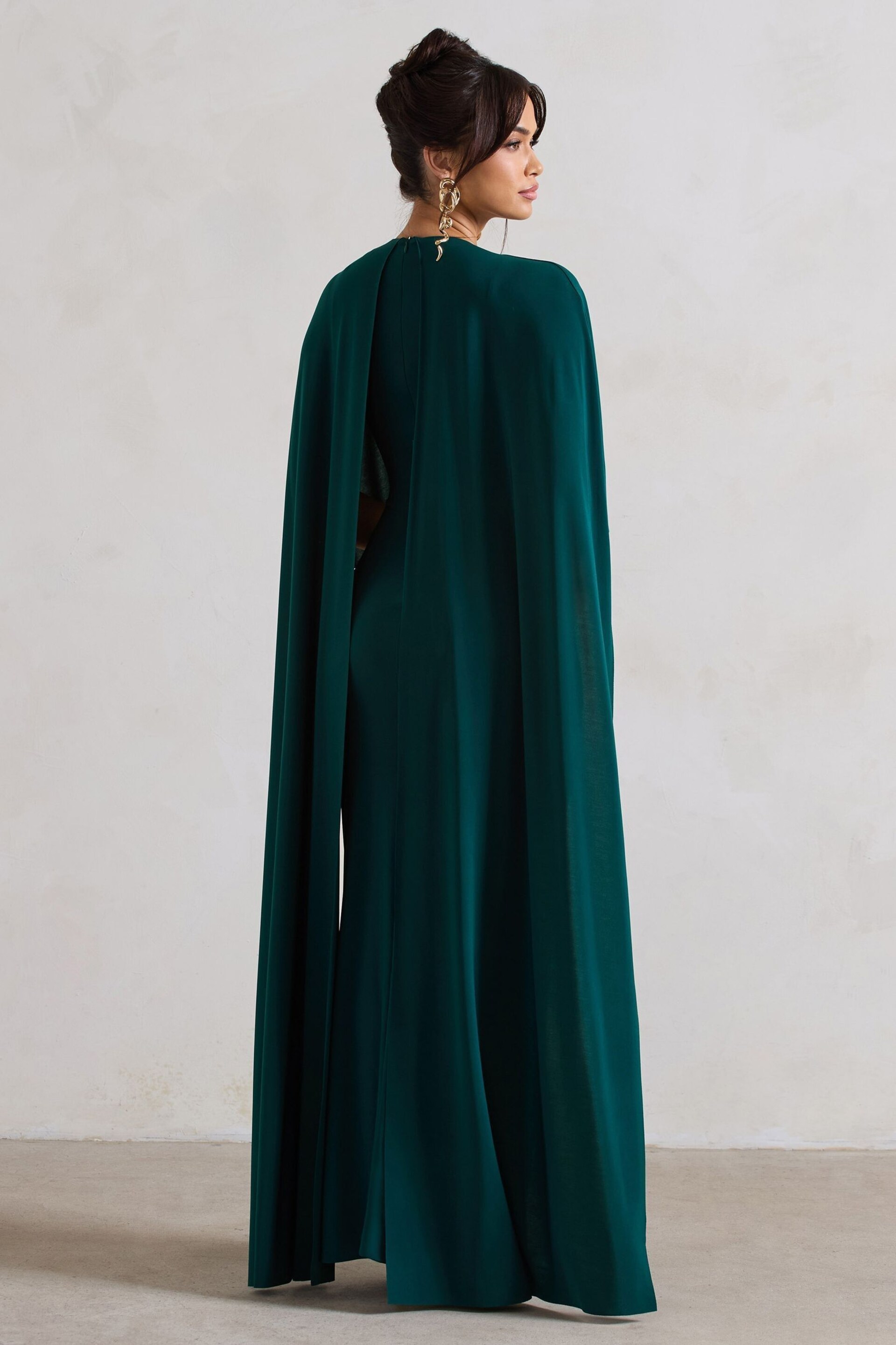 Club L London Green Padma Draped Bardot Maxi Dress With Cape Sleeves - Image 4 of 4