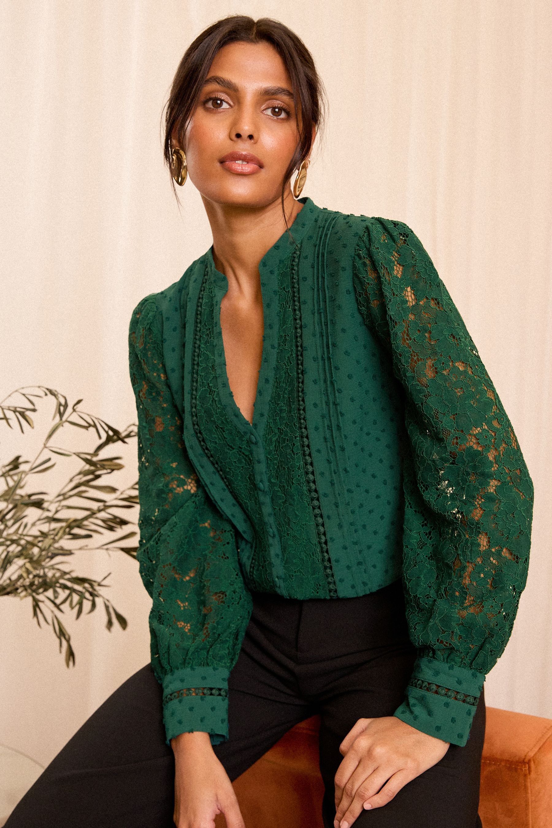 Buy Love Roses Dark Green Lace Mix Button Through Long Sleeve Blouse from Next Malta