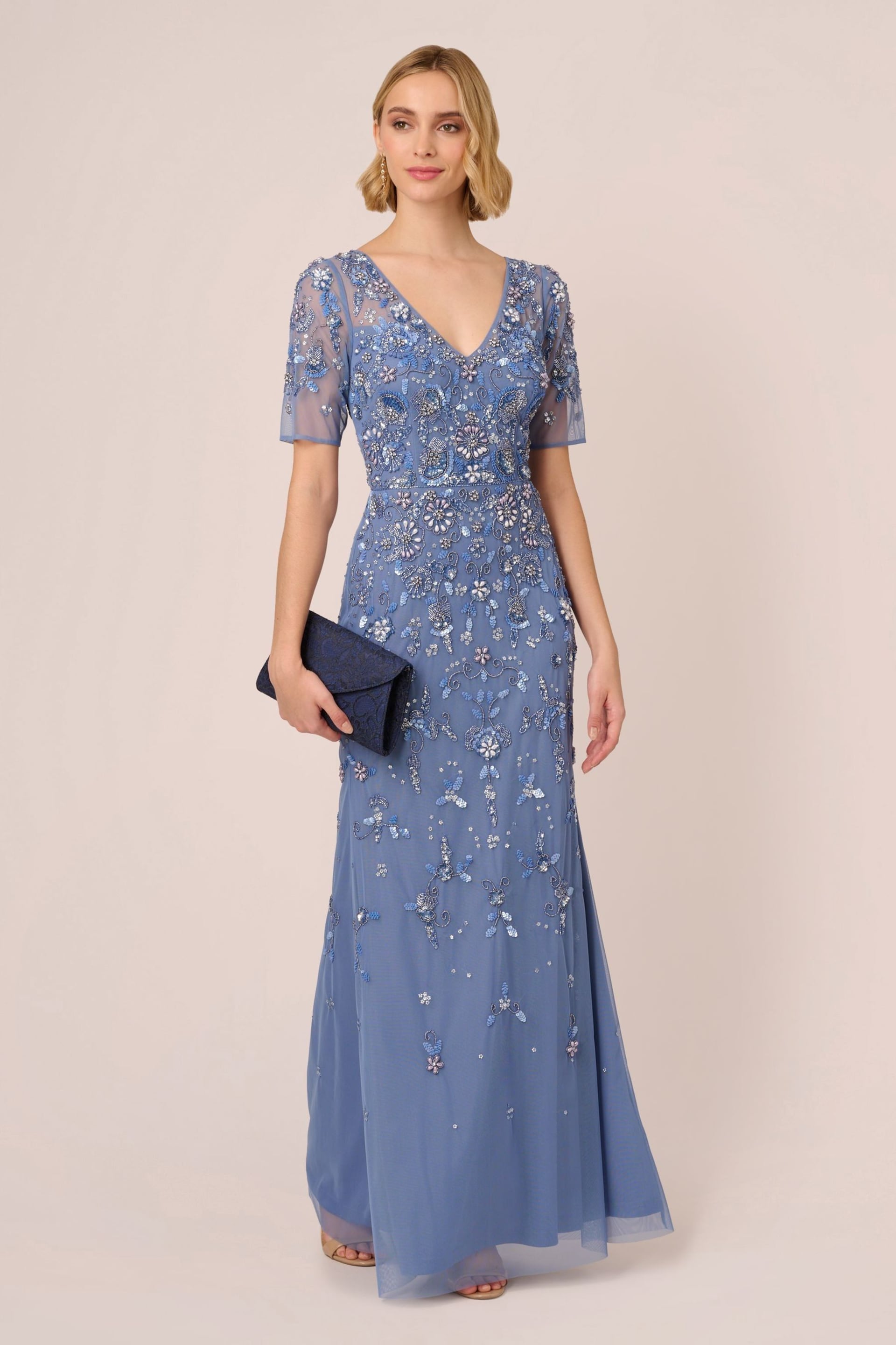 Adrianna Papell Blue Beaded Mesh Long Dress - Image 3 of 7