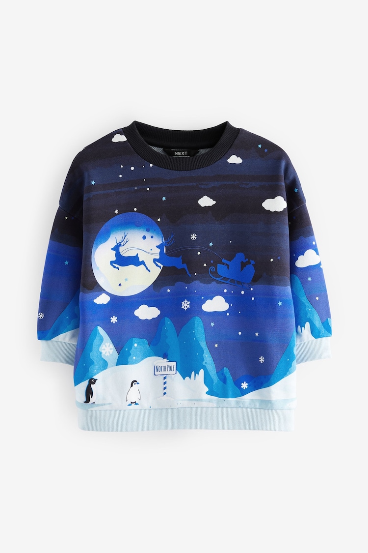 Navy Reindeer Scene Christmas Crew Neck 100% Cotton Sweatshirt (3mths-7yrs) - Image 1 of 5