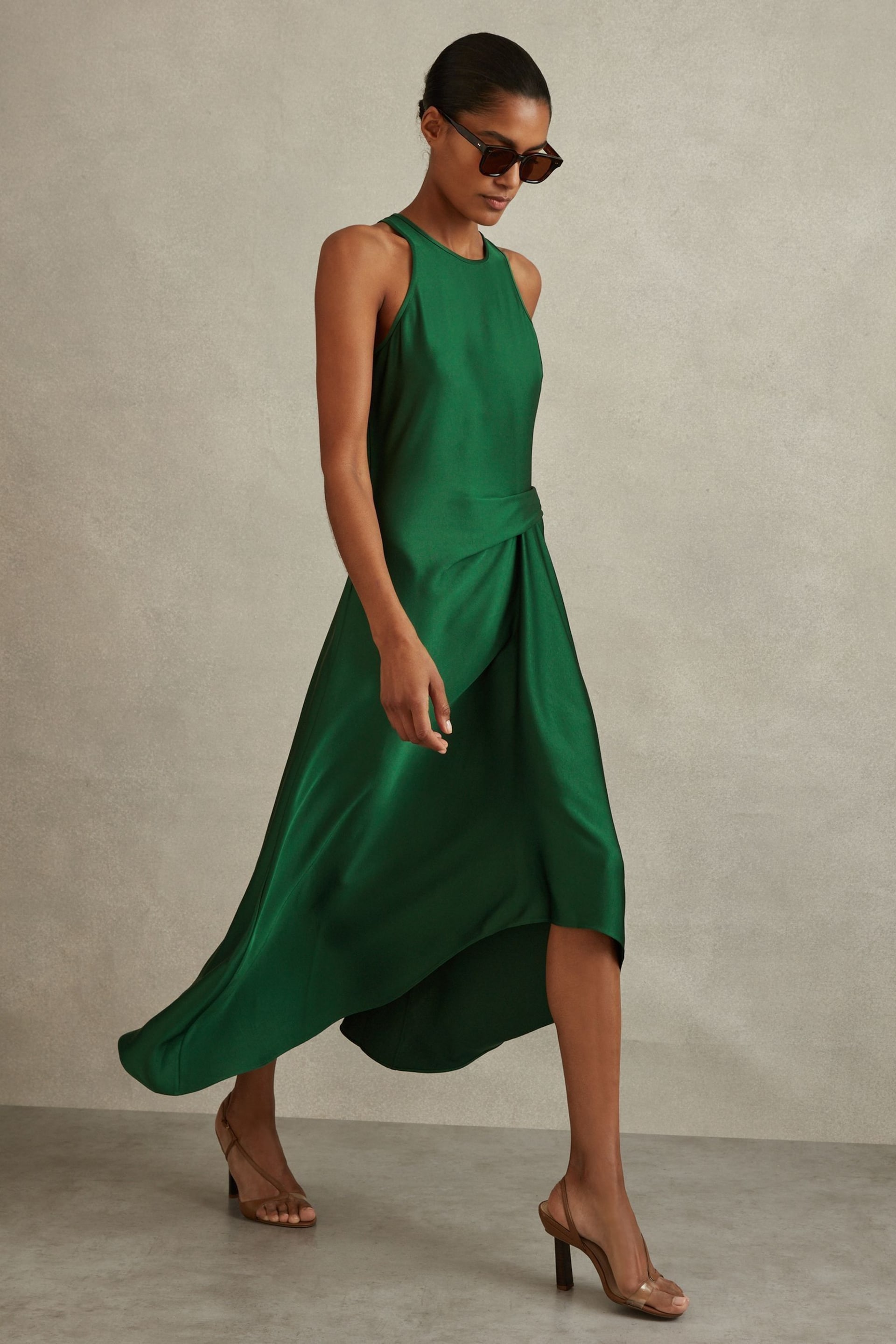 Reiss Green Micah Satin Drape Tuck Midi Dress - Image 1 of 5