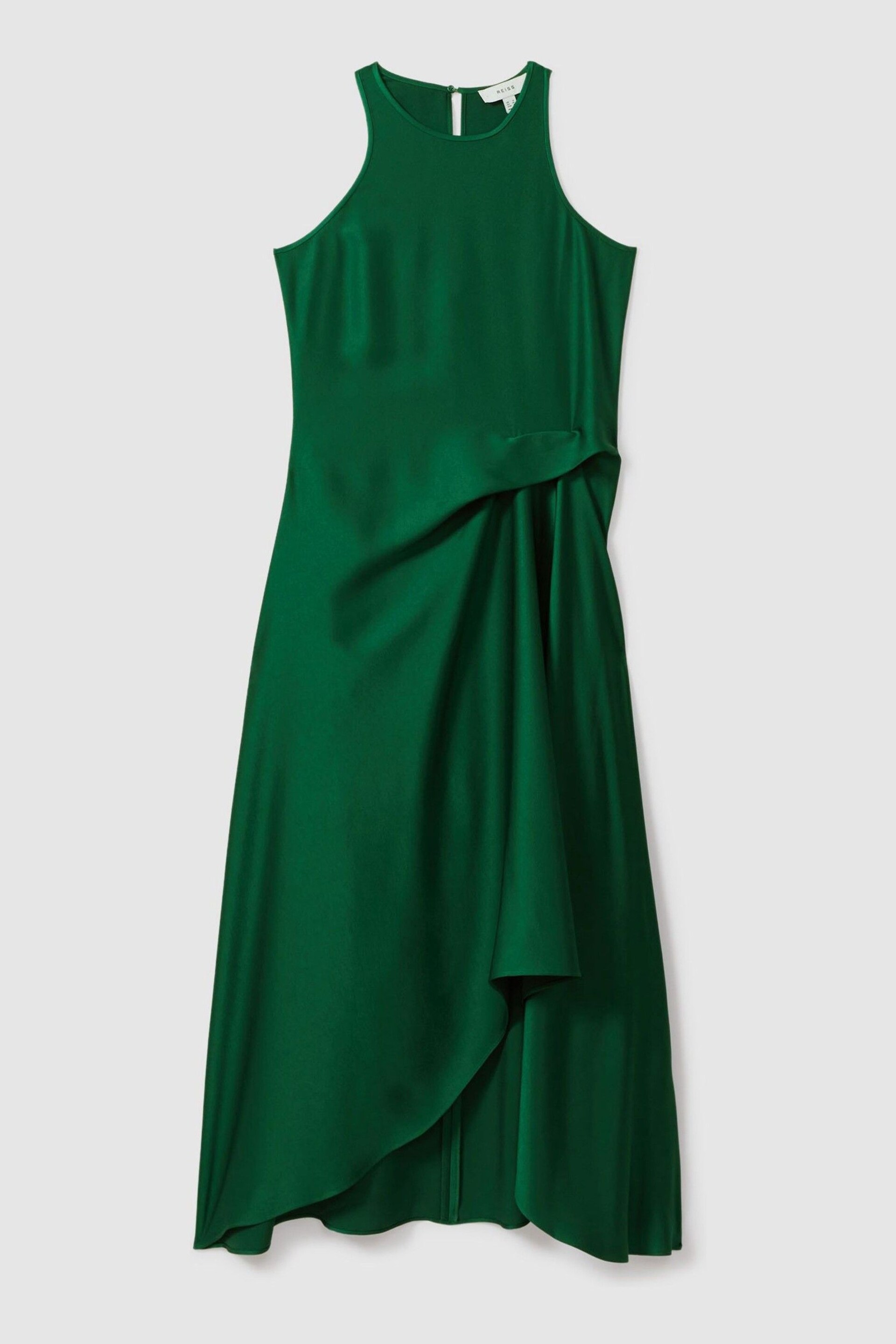 Reiss Green Micah Satin Drape Tuck Midi Dress - Image 2 of 5