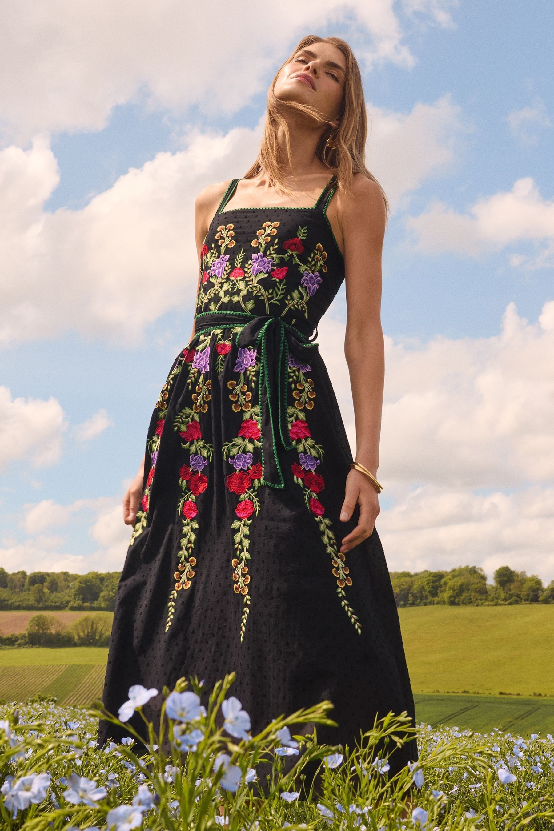 Love Roses Black Embroidered Cami Belted Midi Dress