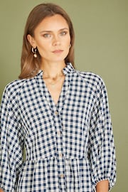 Mela Blue Cotton Checked Button Through Tunic Dress - Image 2 of 5
