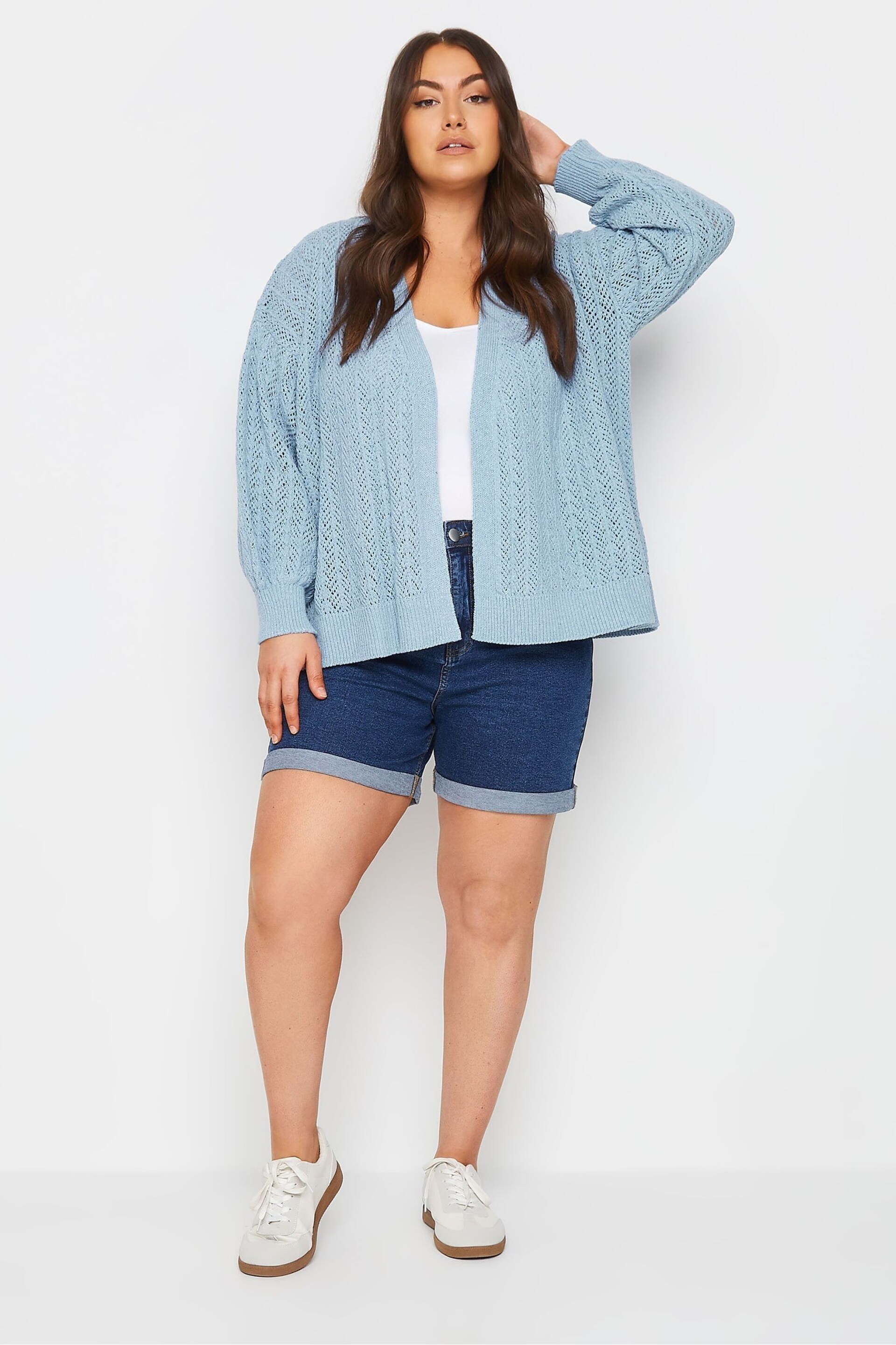 Yours Curve Blue Pointelle Balloon Sleeve Jumper - Image 2 of 5