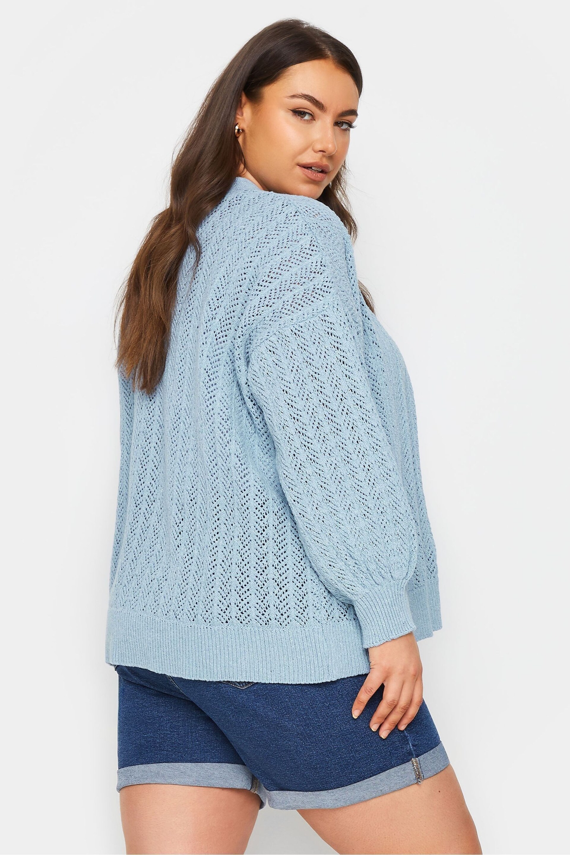 Yours Curve Blue Pointelle Balloon Sleeve Jumper - Image 3 of 5