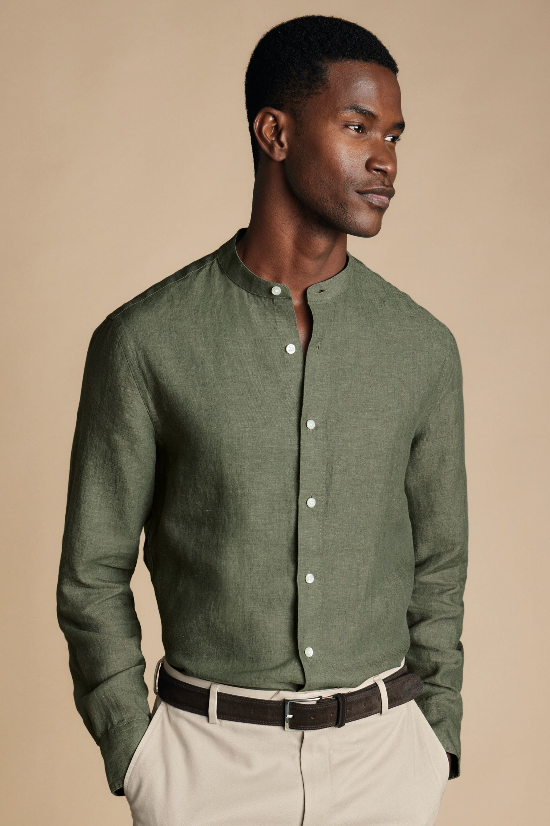Charles Tyrwhitt Green Plain Slim Fit Pure Linen Collarless Shirt - Image 2 of 7