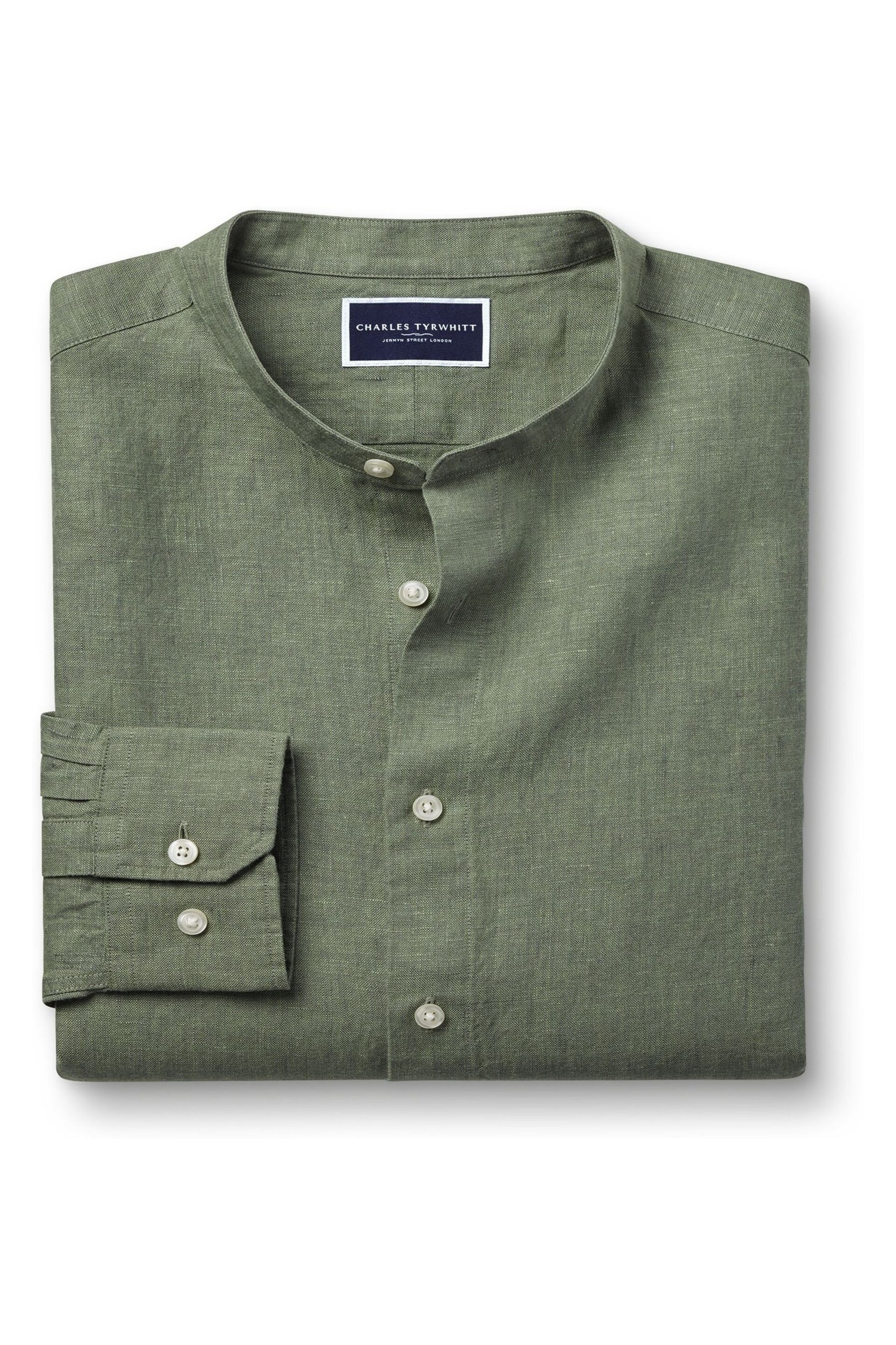 Charles Tyrwhitt Green Plain Slim Fit Pure Linen Collarless Shirt - Image 5 of 7