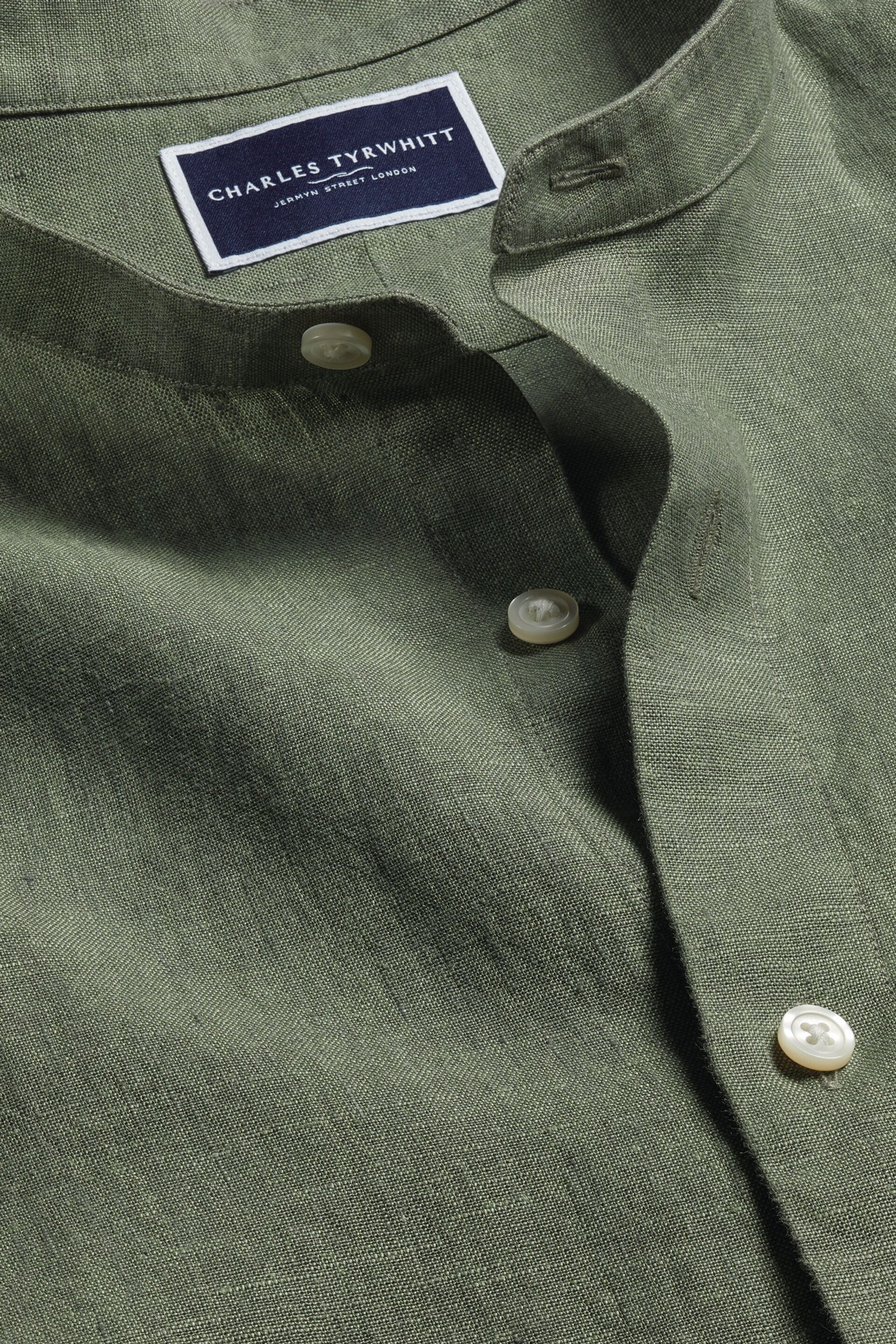 Charles Tyrwhitt Green Plain Slim Fit Pure Linen Collarless Shirt - Image 6 of 7