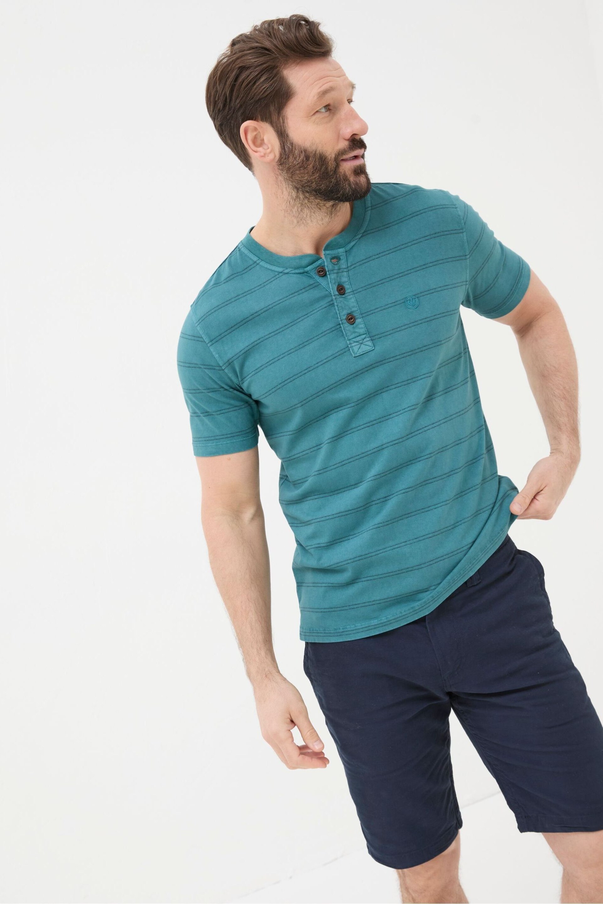 FatFace Blue Short Sleeve Stripe Henley T-Shirt - Image 1 of 5