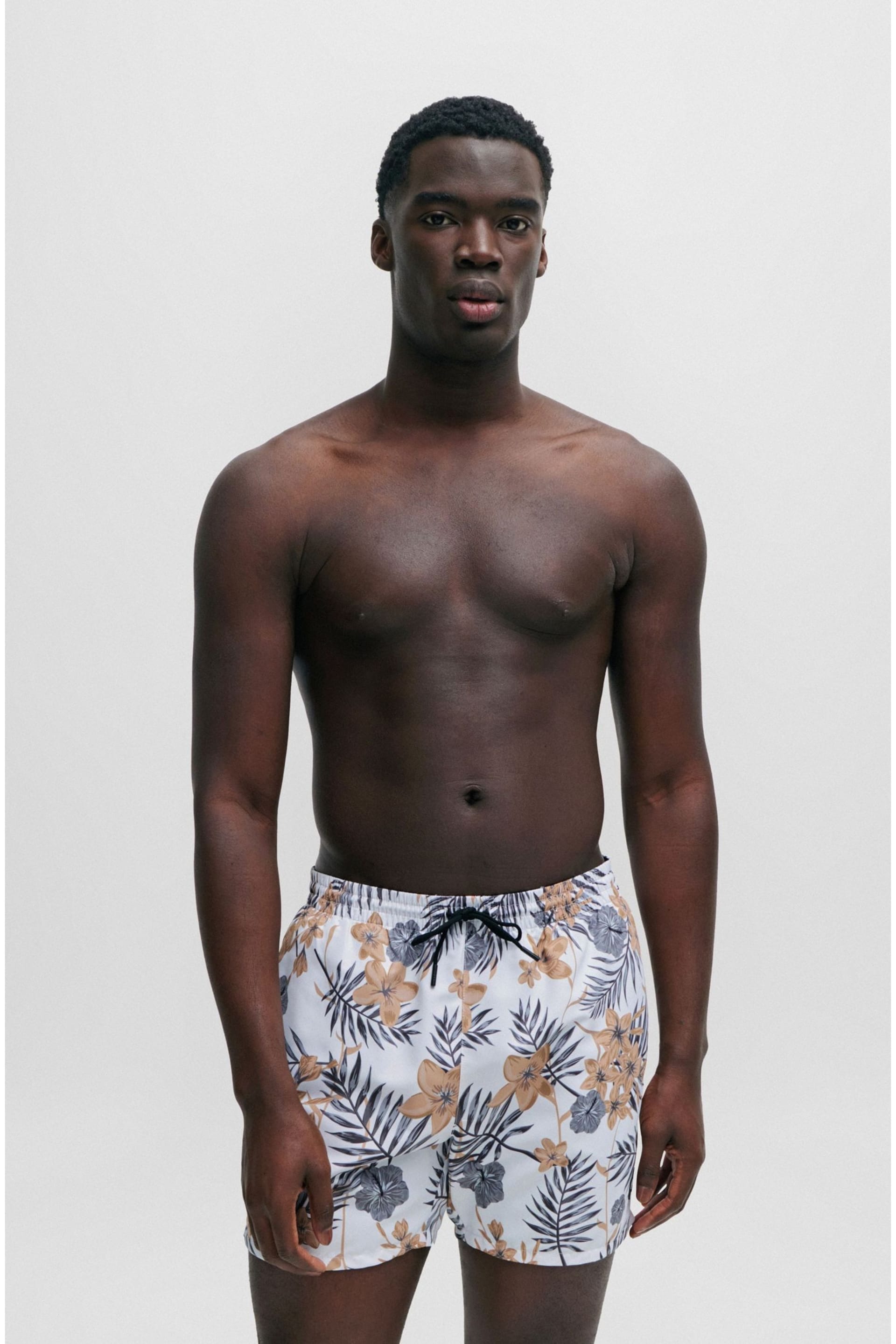 BOSS White Tropical-Print Quick-Drying Swim Shorts With Logo Badge - Image 2 of 4