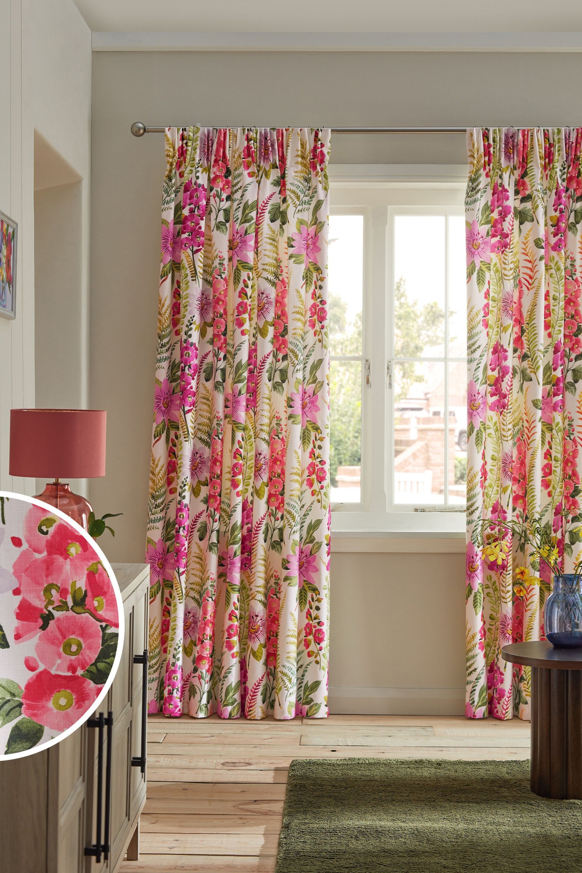 Multi Floral 100% Cotton Pencil Pleat Lined Curtains - Image 1 of 5