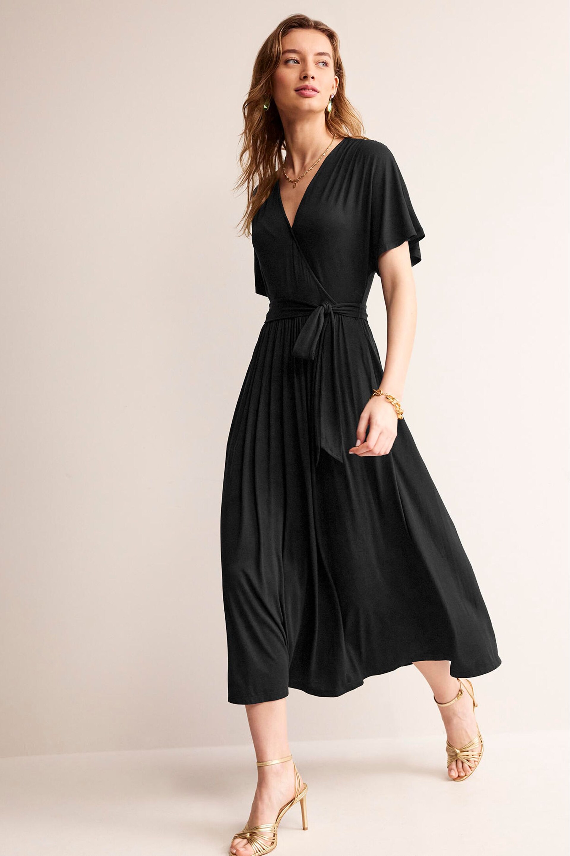 Boden Black Petite Kimono Wrap Jersey Midi Dress - Image 1 of 5